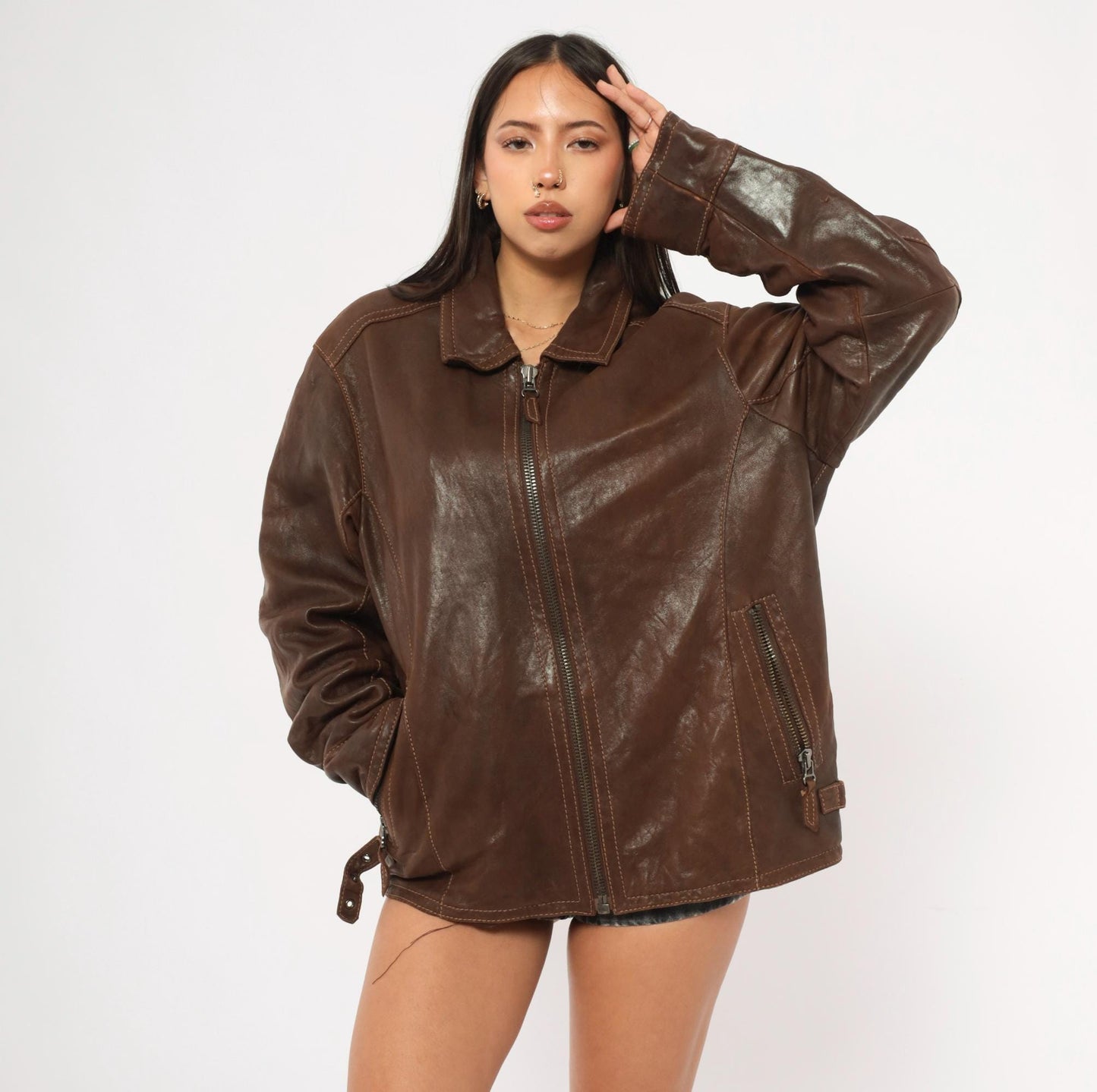 Y2K Wilsons Brown Leather Moto Jacket Paneled Spread Collar Large L