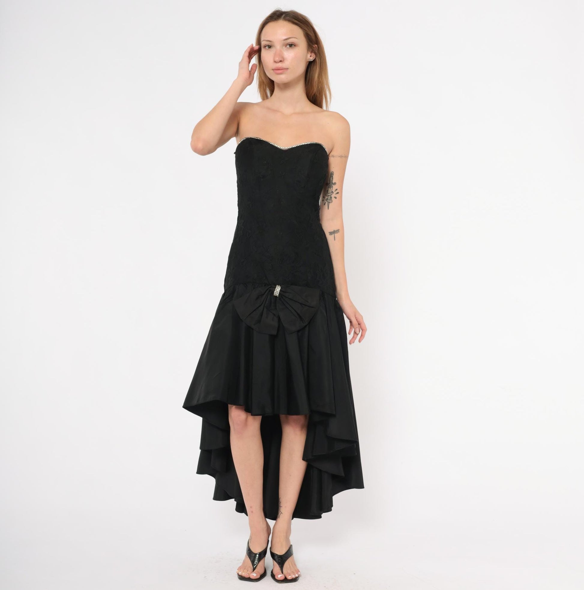80s Jolie Madame Black Strapless Gown Lace Bodice Rhinestone Trim Small