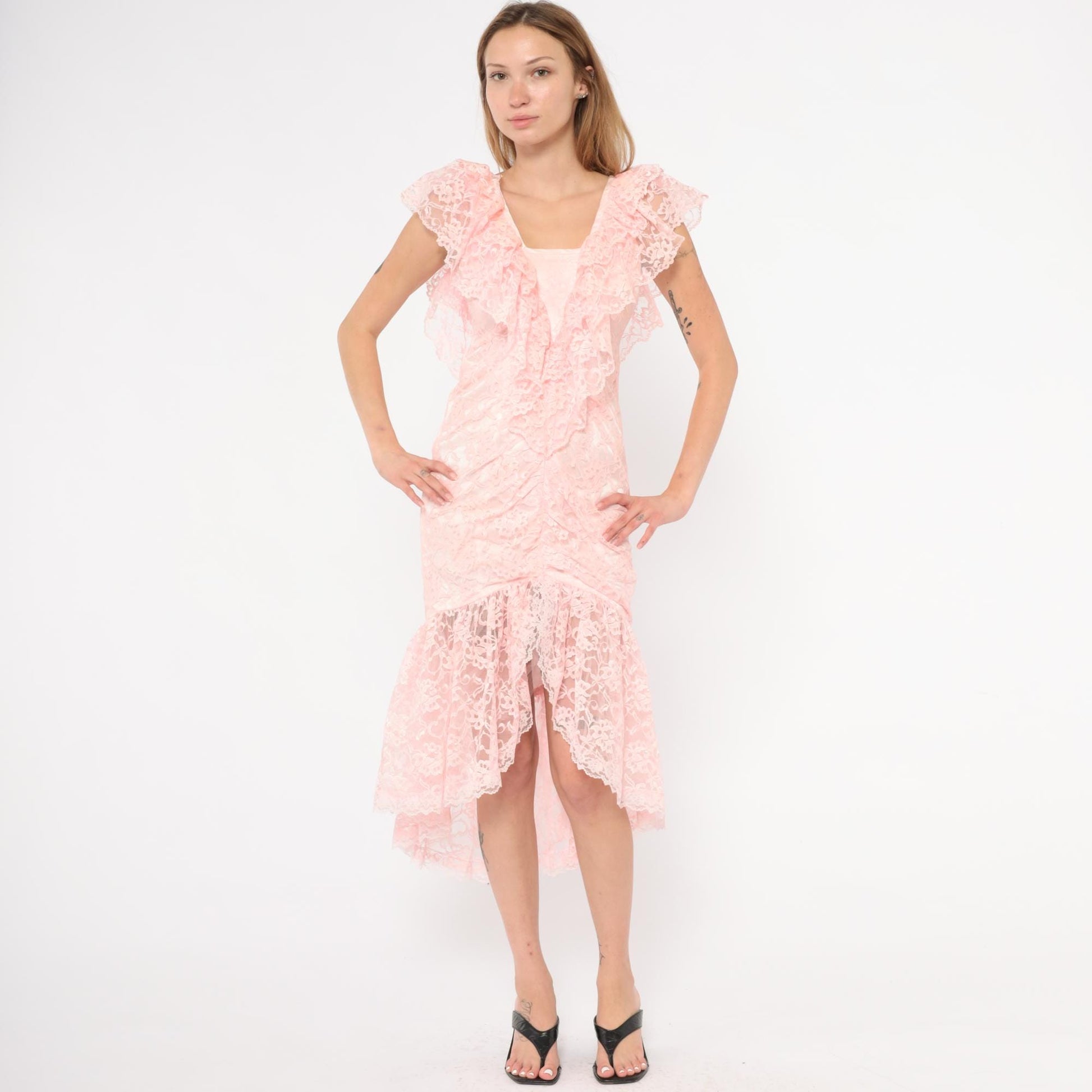 80s Pink Lace Midi Dress Floral Overlay Ruffled Cap Sleeves Small
