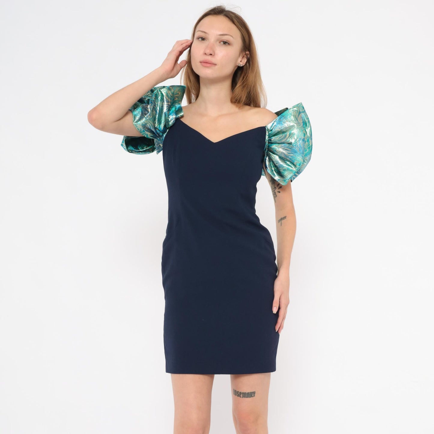 90s A.J. Bari Navy Metallic Puff Sleeve Mini Dress Sweetheart Neckline Small S