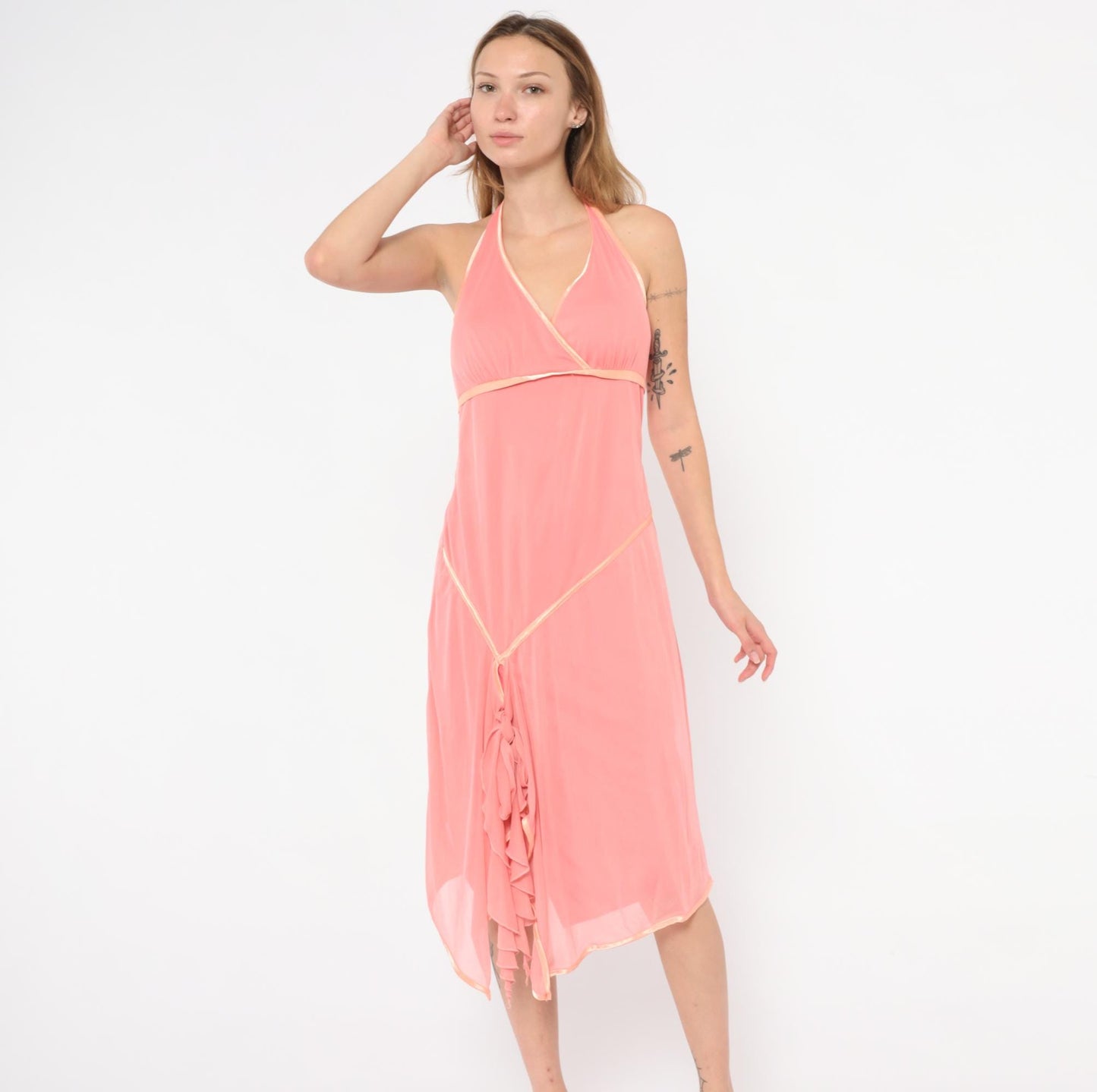 Y2K Coral Halter Dress Surplice Neckline Satin Trim Ruffle Chiffon Overlay Backless Tie Neck Pink Summer Beach Party Coquette Salmon Large L