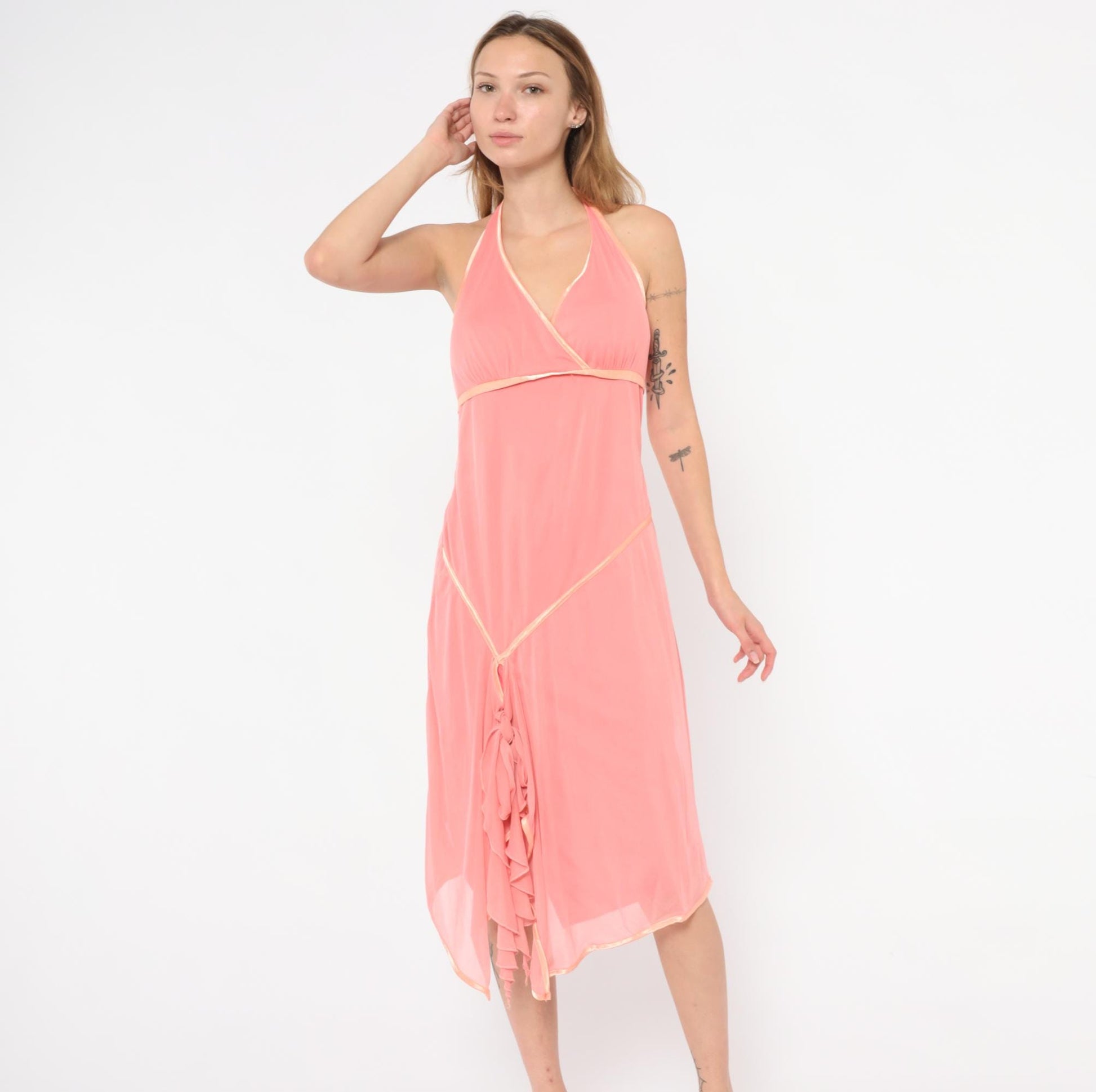 Y2K Coral Halter Dress Surplice Neckline Satin Trim Ruffle Chiffon Overlay Backless Tie Neck Pink Summer Beach Party Coquette Salmon Large L