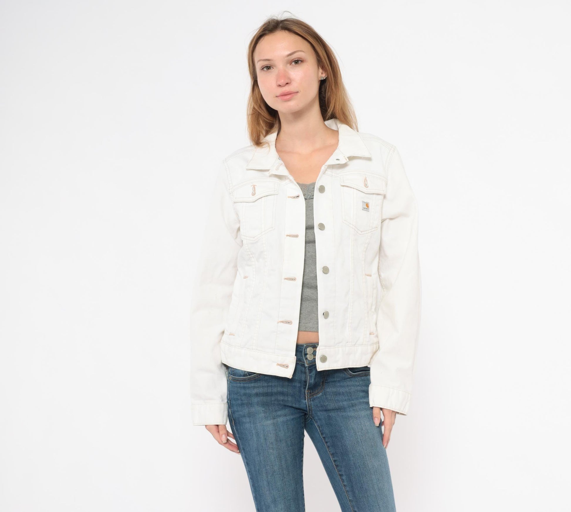 2000s Carhartt Denim Jacket White Contrast Stitch Trucker Medium M