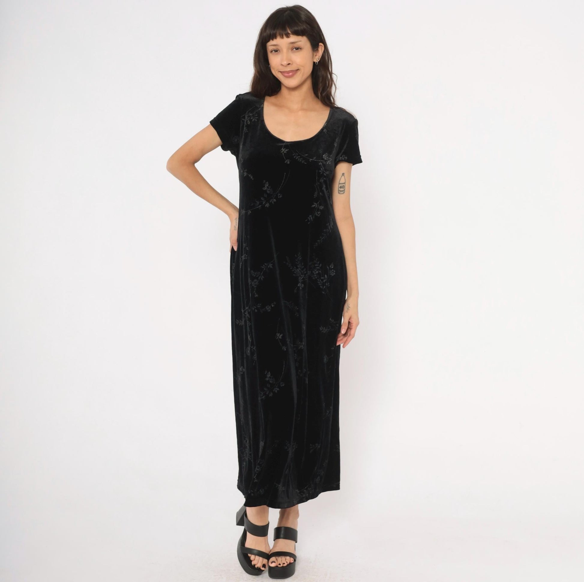 90s DJ & Co Black Velvet Maxi Dress Burnout Floral Short Sleeve Large L