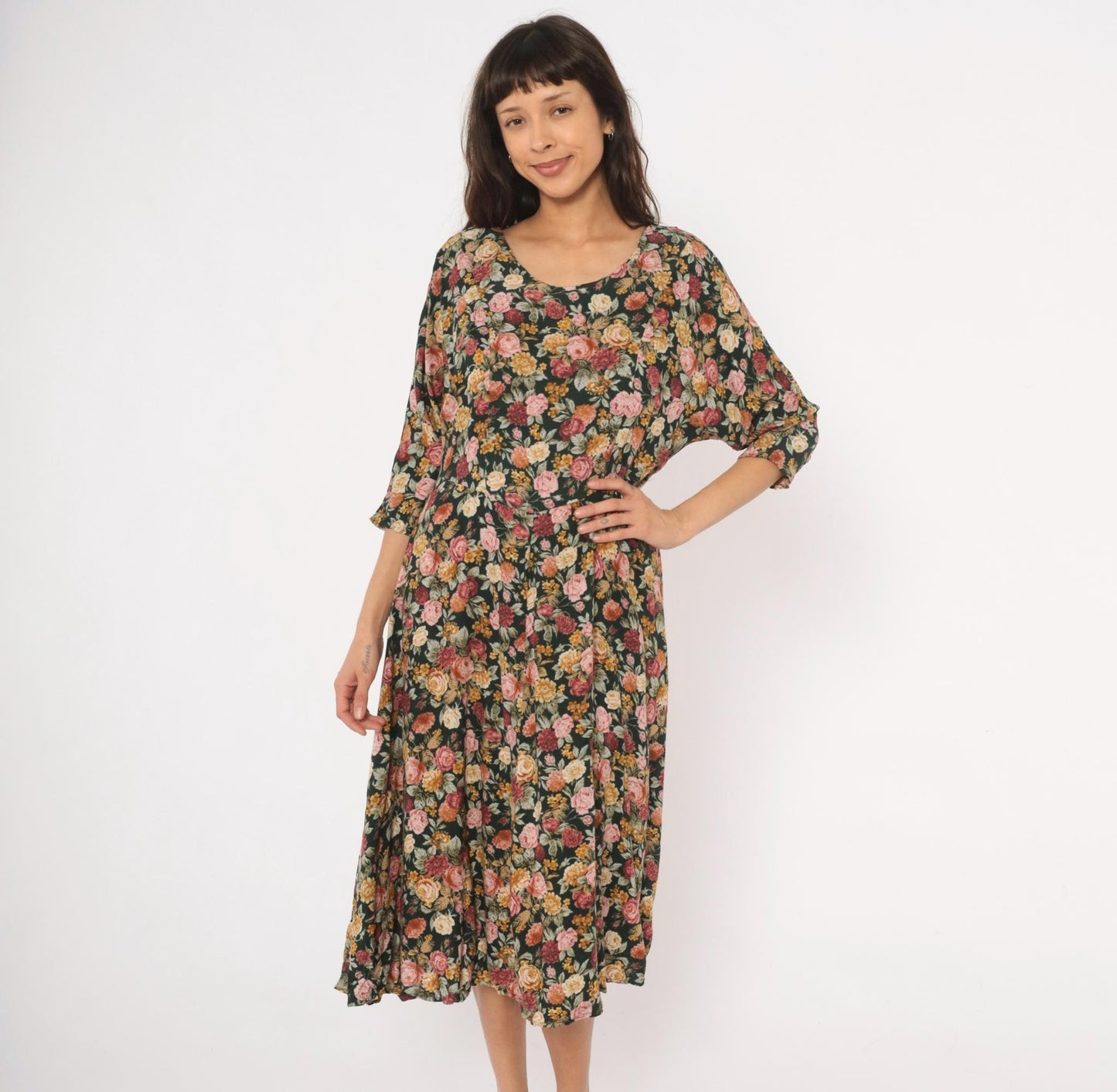 90s Paquette Floral Midi Dress Garden Rose Print Black Pink Burgundy Large L