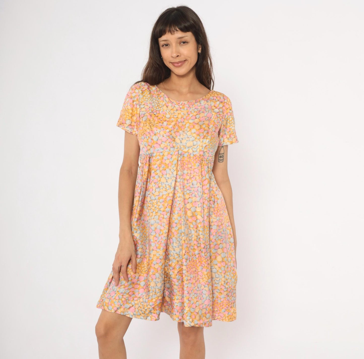 60s Silk Babydoll Dress Pebble Print Orange Pink Blue Mini Scoop Neck Medium M