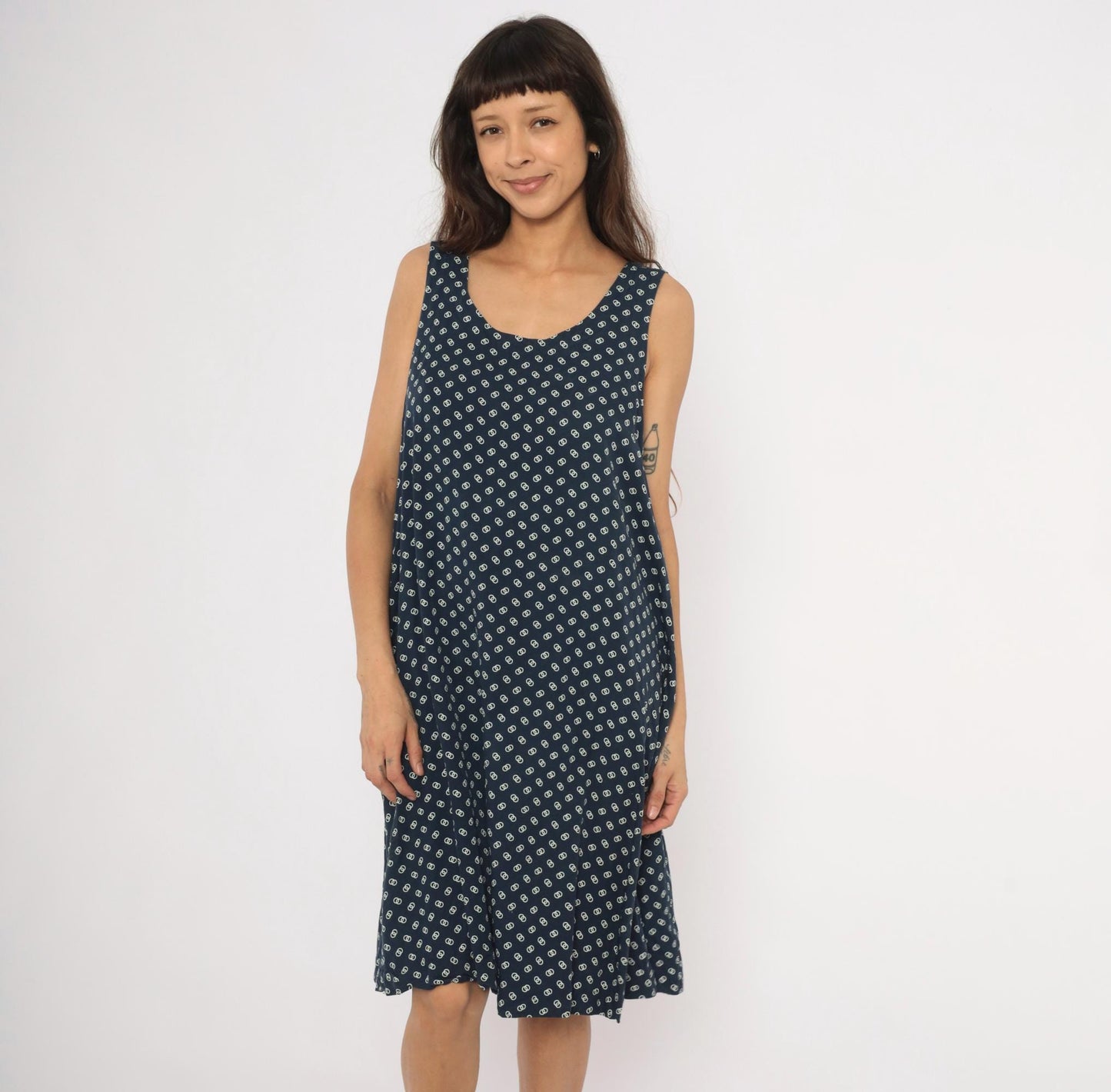 80s Steena Navy Sundress White Geometric Print Cotton Knee-Length Large L