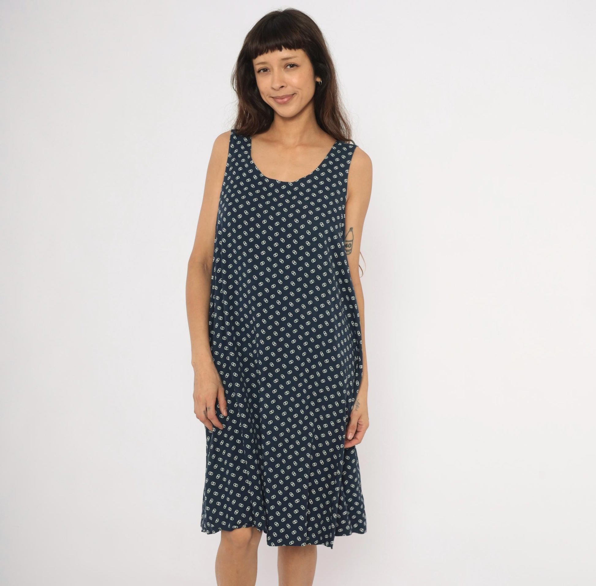 80s Steena Navy Sundress White Geometric Print Cotton Knee-Length Large L