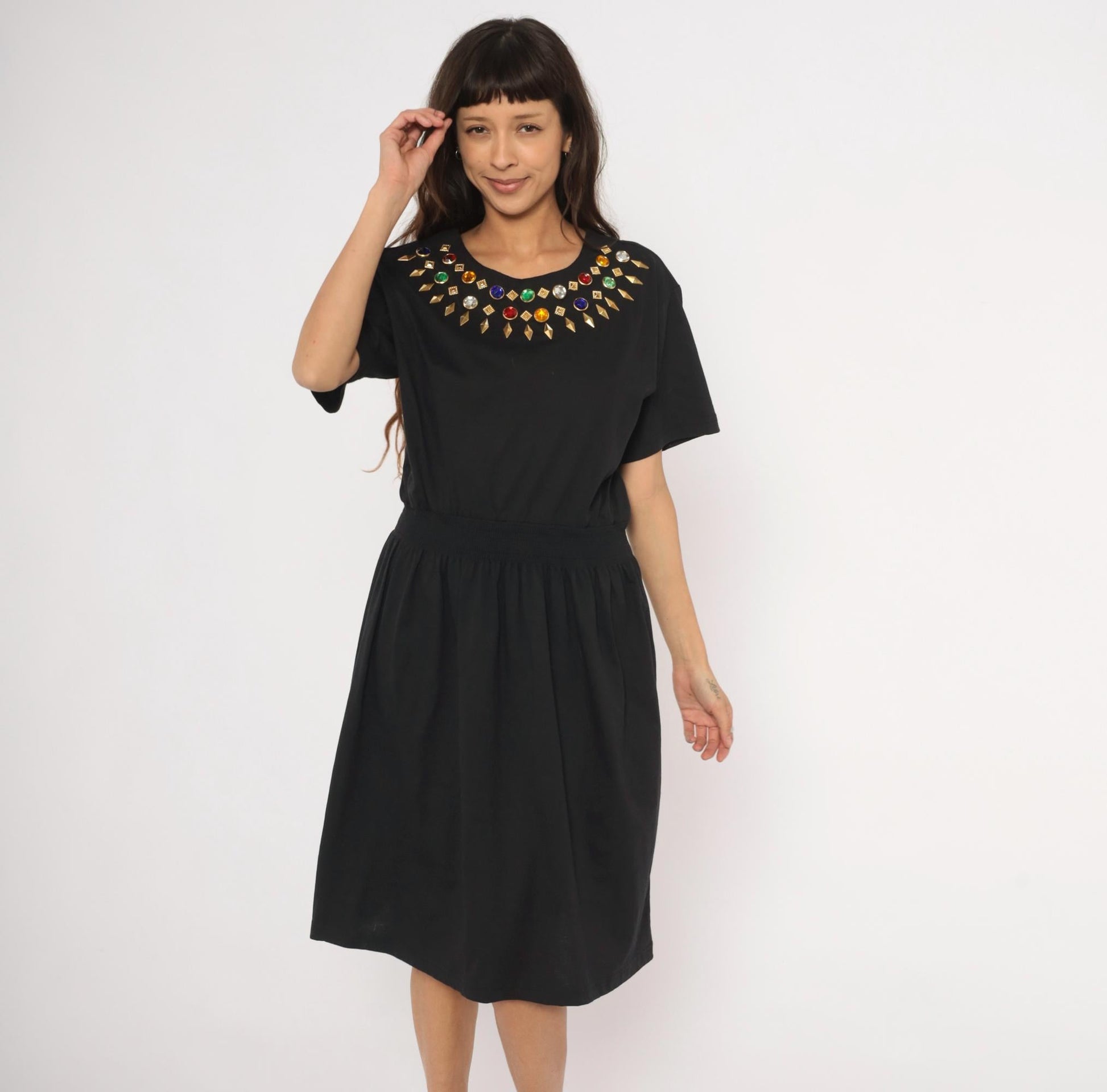 90s Cervelle Black Knee-Length Dress Rhinestone Jeweled Neckline Cotton Large L