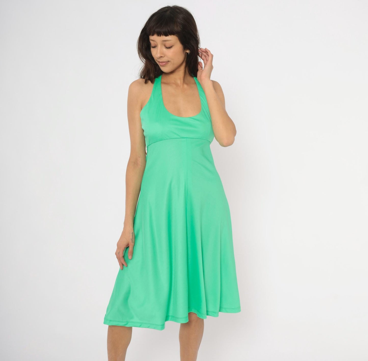 70s Joan Leslie Mint Green Halter Sundress Open Back Tie Neck Medium M