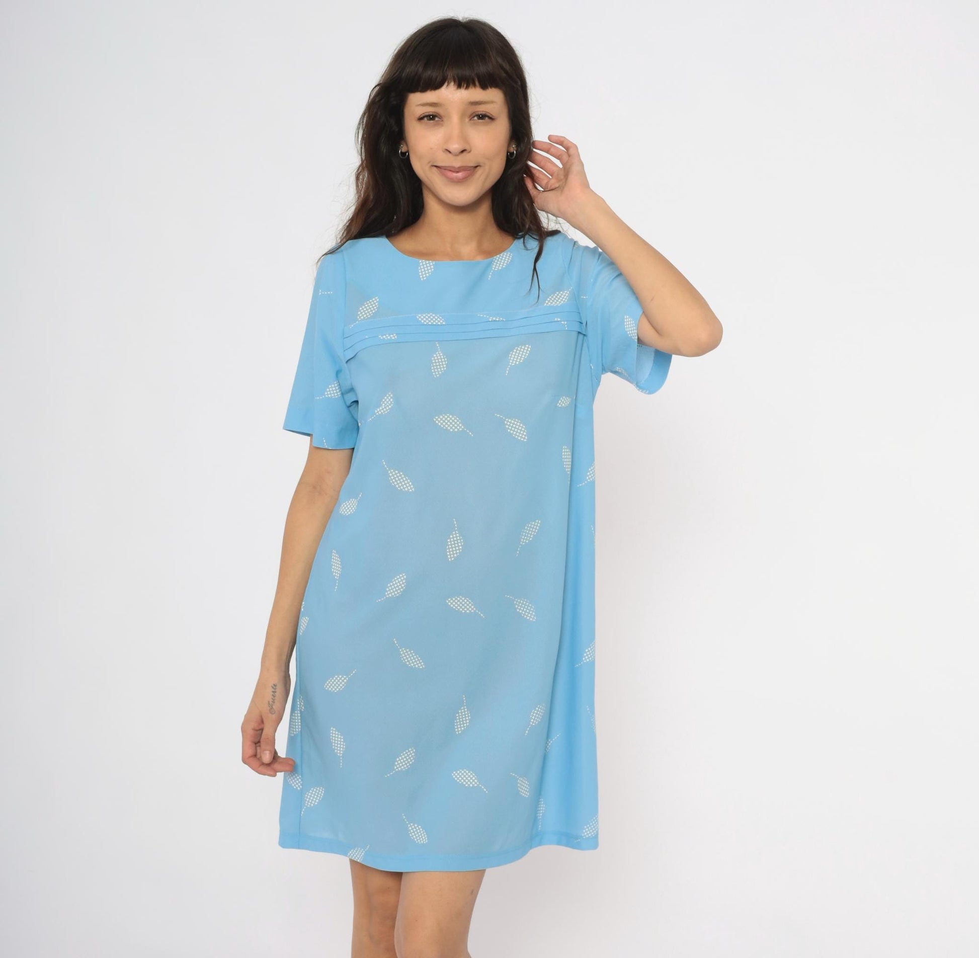 80s Sky Blue Leaf Shift Dress White Scattered Pattern Pintuck Medium
