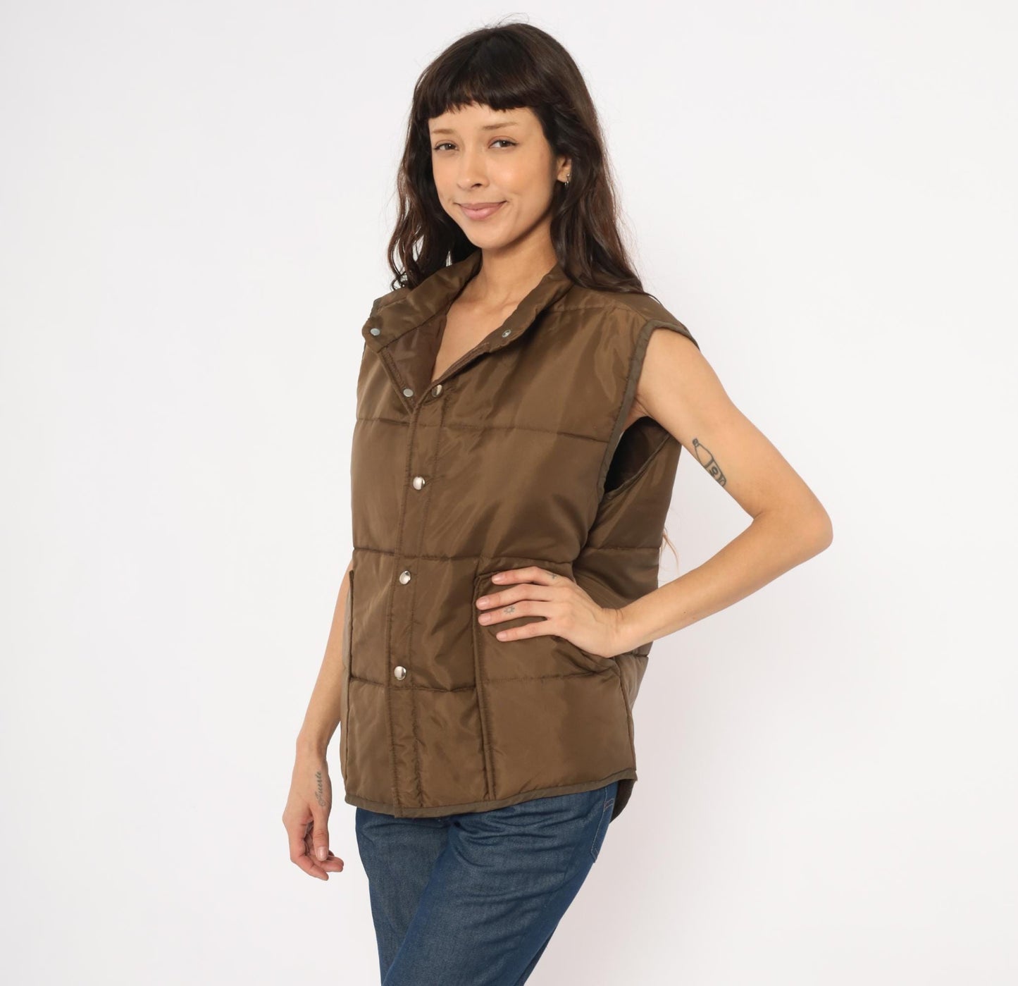 80s Brown Quilted Puffer Vest Snap Front Sleeveless Jacket Large L