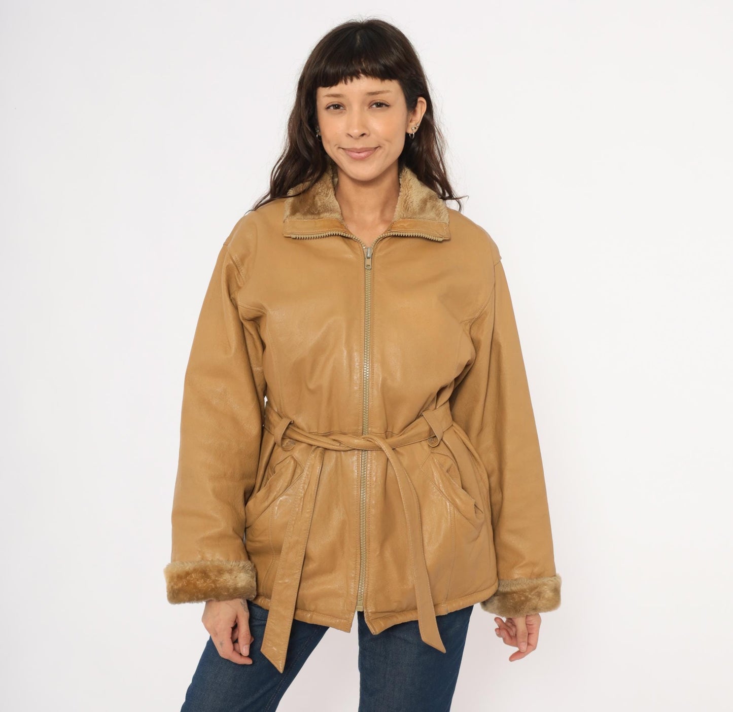 2000s Mny Tan Leather Jacket Fur-Trimmed Collar Belted Hip-Length Small S