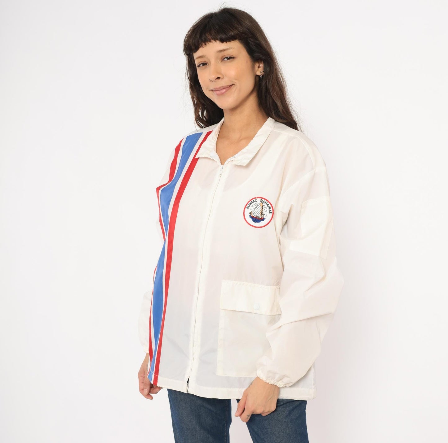 80s Club Nautique Windbreaker White Nylon Nassau Bahamas Sailing Patch Medium