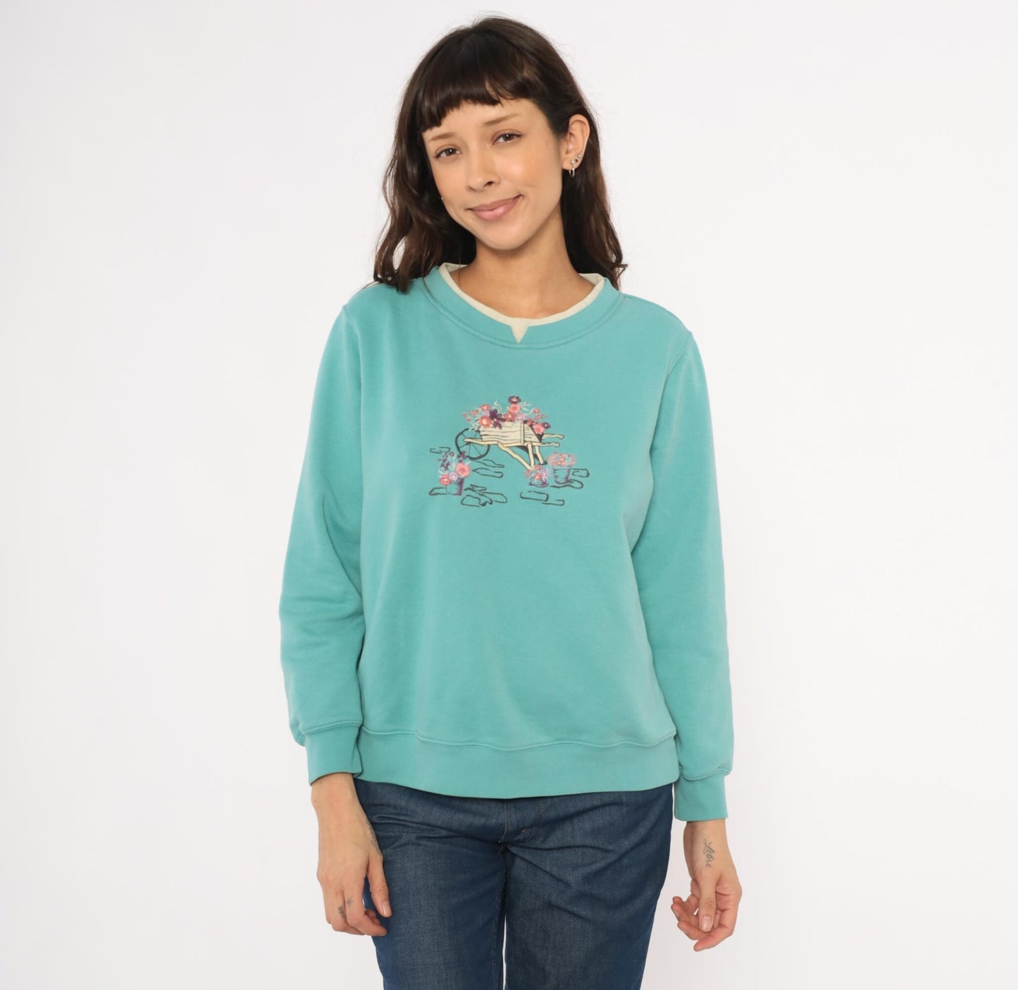 90s Shenanigans Embroidered Garden Wheelbarrow Sweatshirt Teal Medium