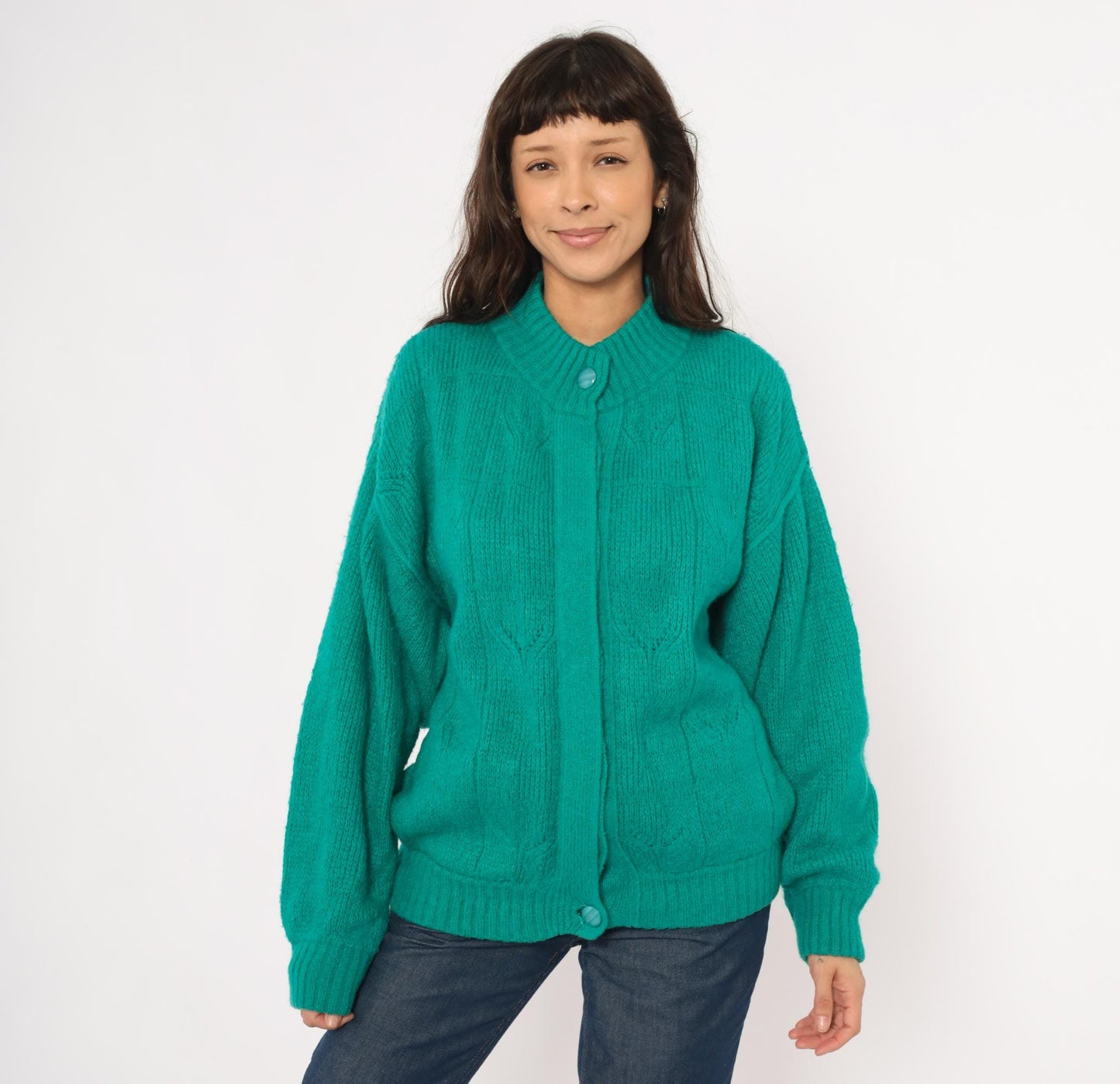 90s Astri Teal Mohair Cardigan Leaf Cable Knit Bomber Medium M