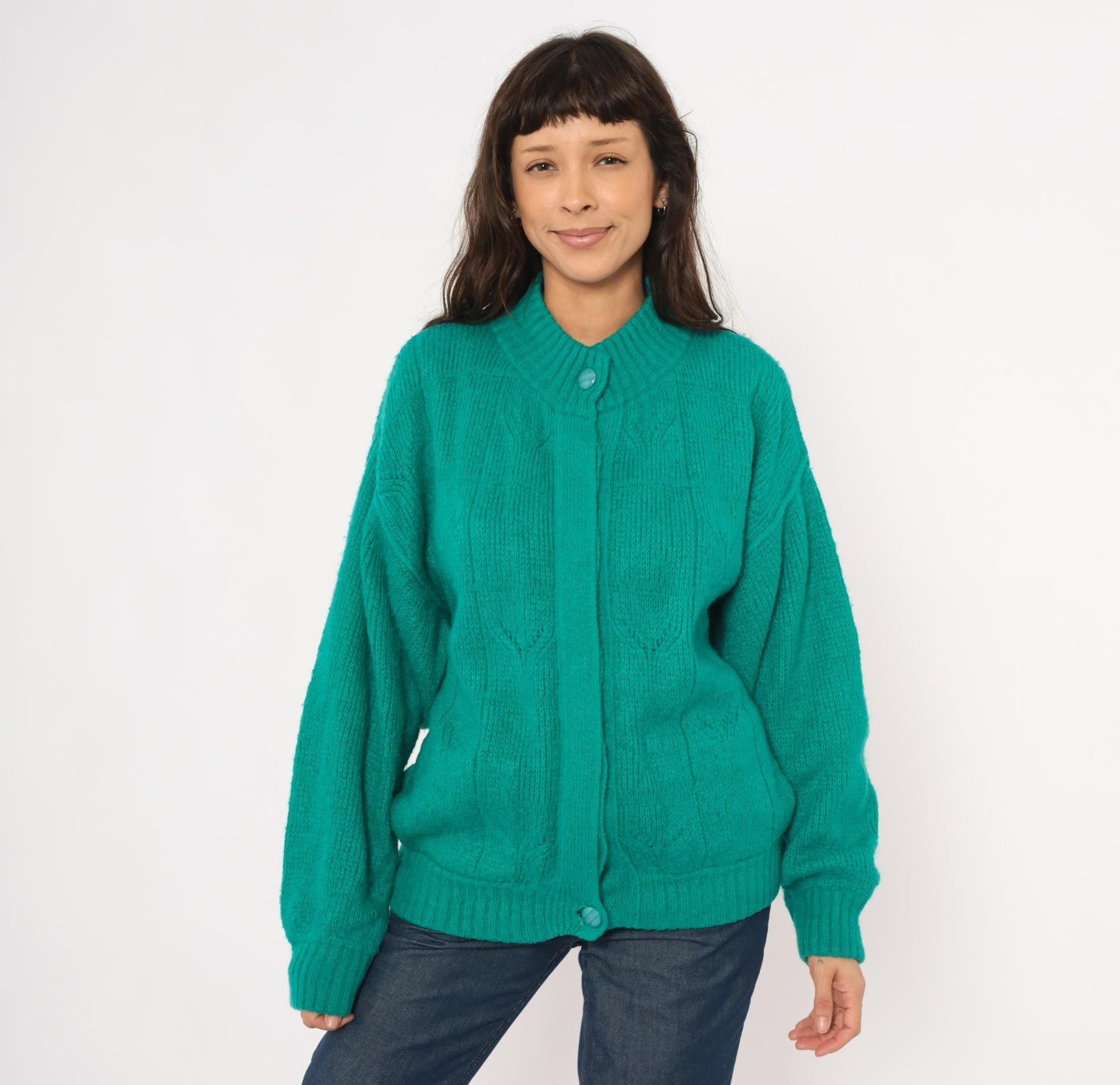 90s Astri Teal Mohair Cardigan Leaf Cable Knit Bomber Medium M