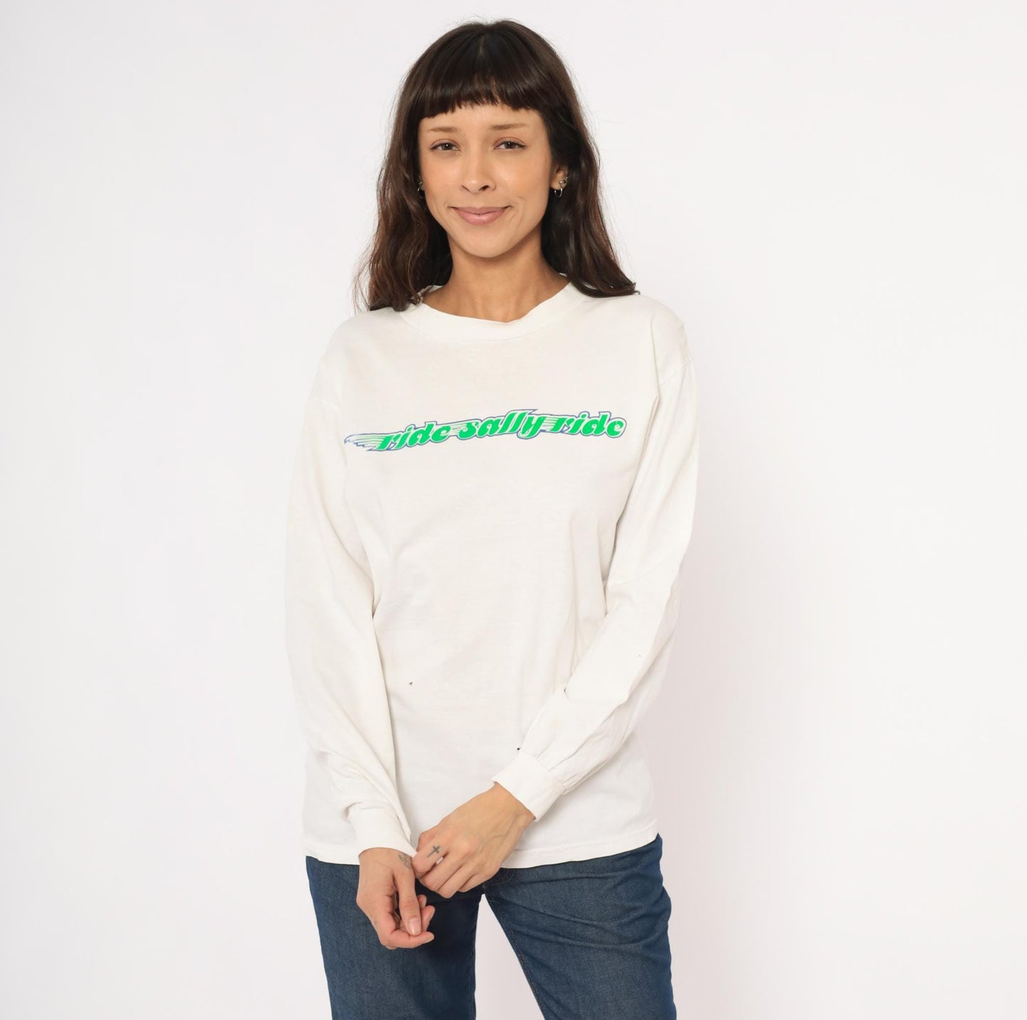 90s Hanes Ride Sally Ride Long Sleeve Tee Green Blue Wing Graphic White Medium M