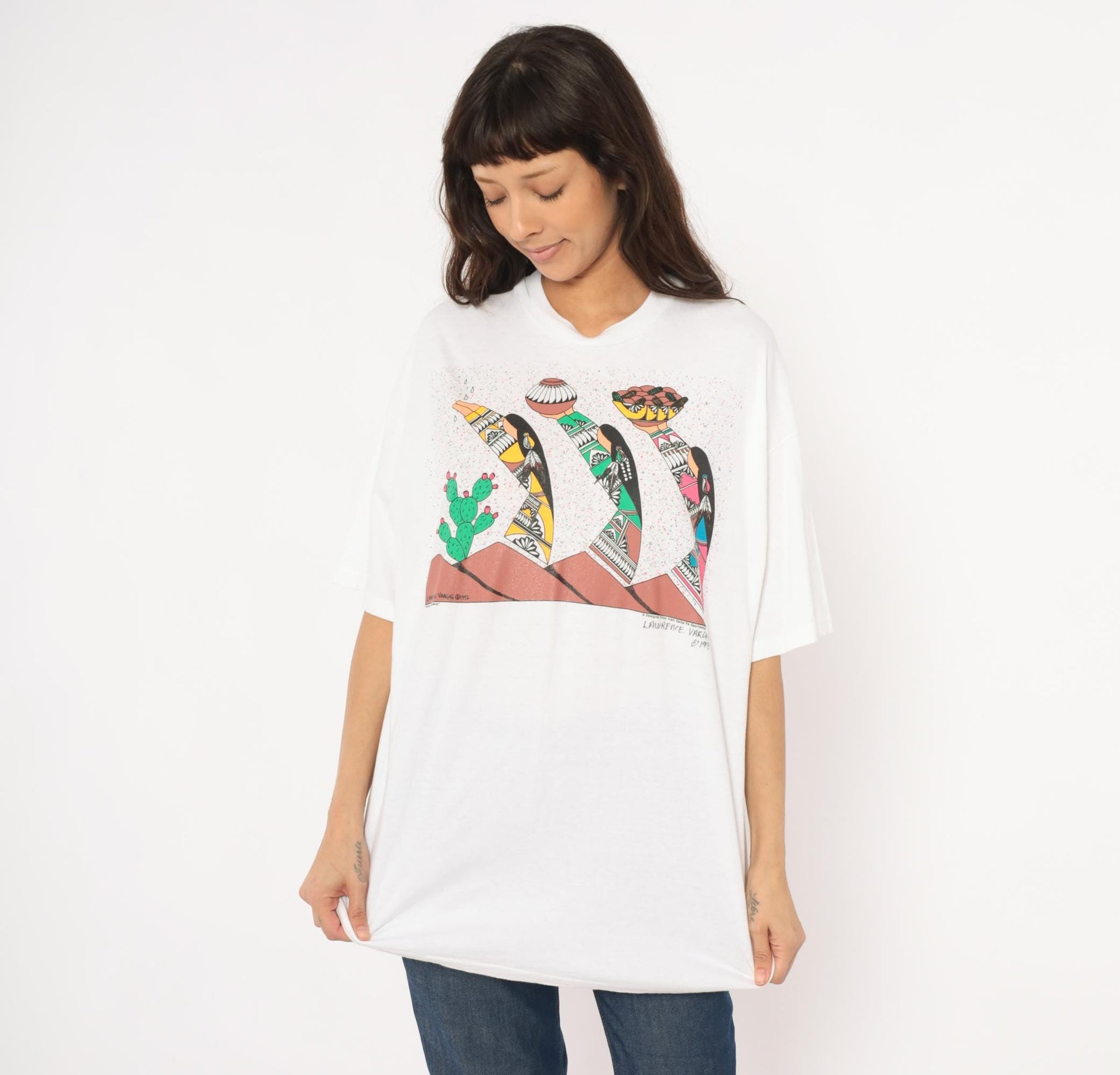 90s Lawrence Vargas Harvest Maidens Southwestern Graphic Tee White Cotton Extra Large XXL