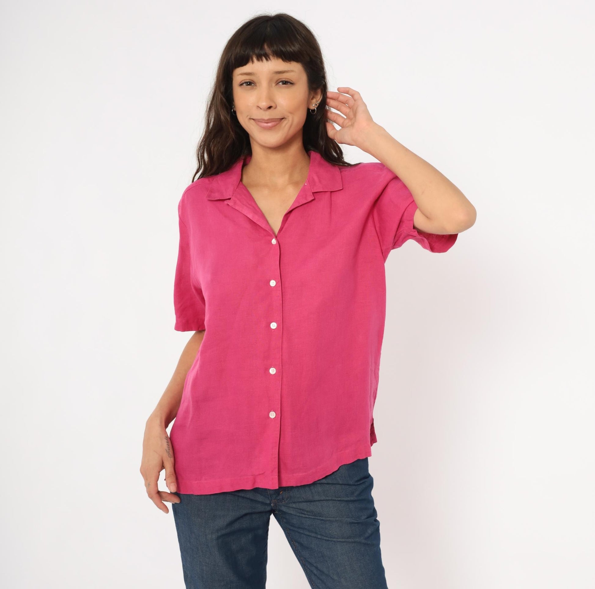 80s Brooks Brothers Fuchsia Linen Camp Collar Shirt Button Front Medium M