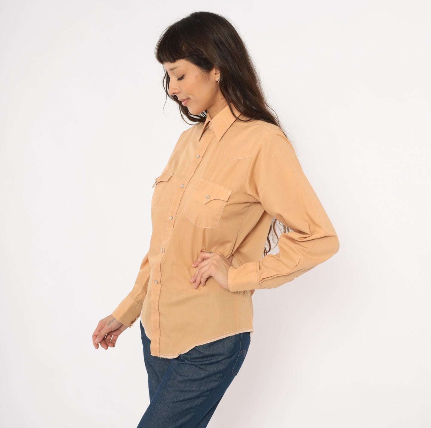 80s Western Fashions Pearl Snap Shirt Peach Cotton Pointed Collar Yoke Small