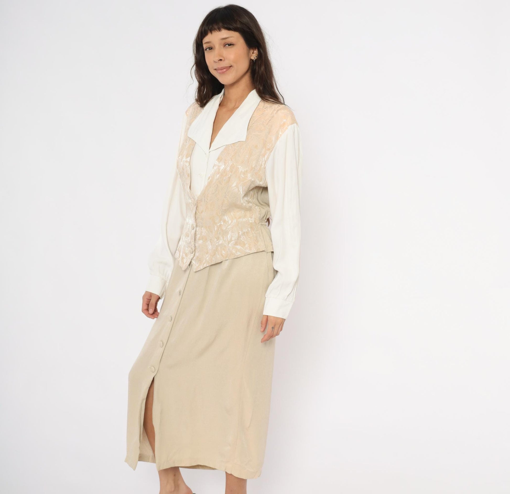 80s Miss Scarlett Jacquard Vest Midi Dress Ivory Collar Cream Sleeves Large L