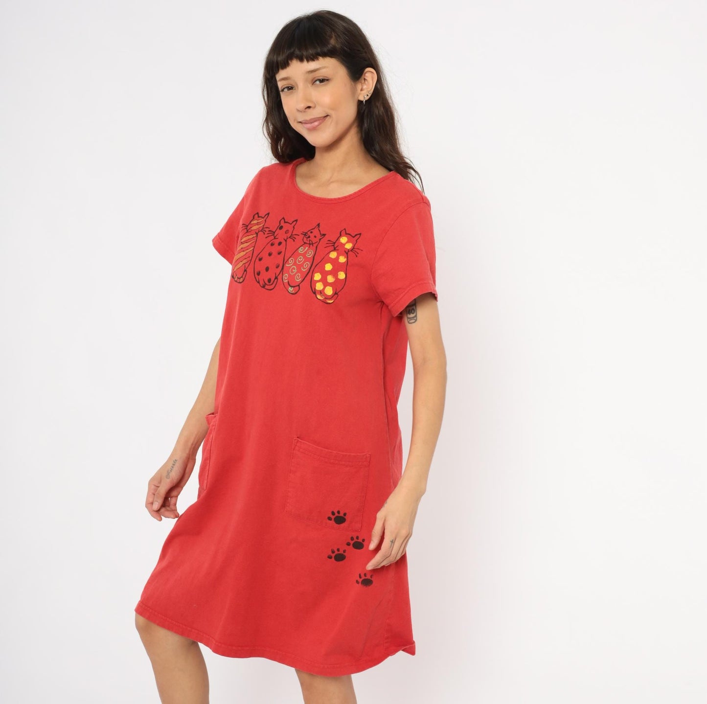 90s Cat T-Shirt Dress Red Cotton Graphic Paw Print Scoop Neck Small Medium