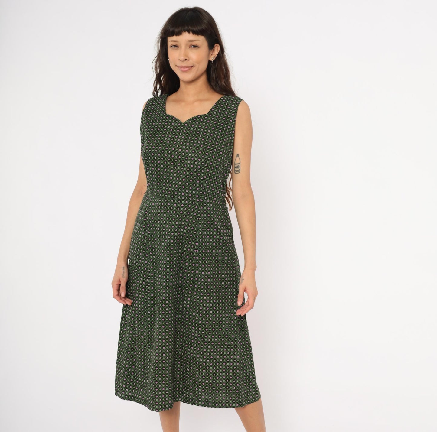 60s Heart Floral Cotton Dress Sweetheart Neckline Pencil Skirt Forest Green Large L