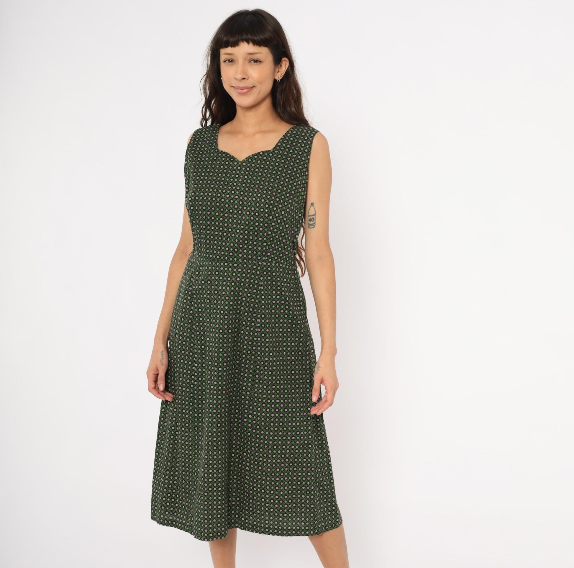 60s Heart Floral Cotton Dress Sweetheart Neckline Pencil Skirt Forest Green Large L