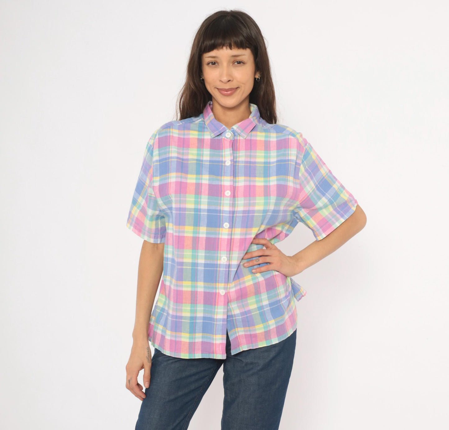80s Jessica Tyler Madras Plaid Button-Up Blouse Pink Lavender Blue Cotton Large L