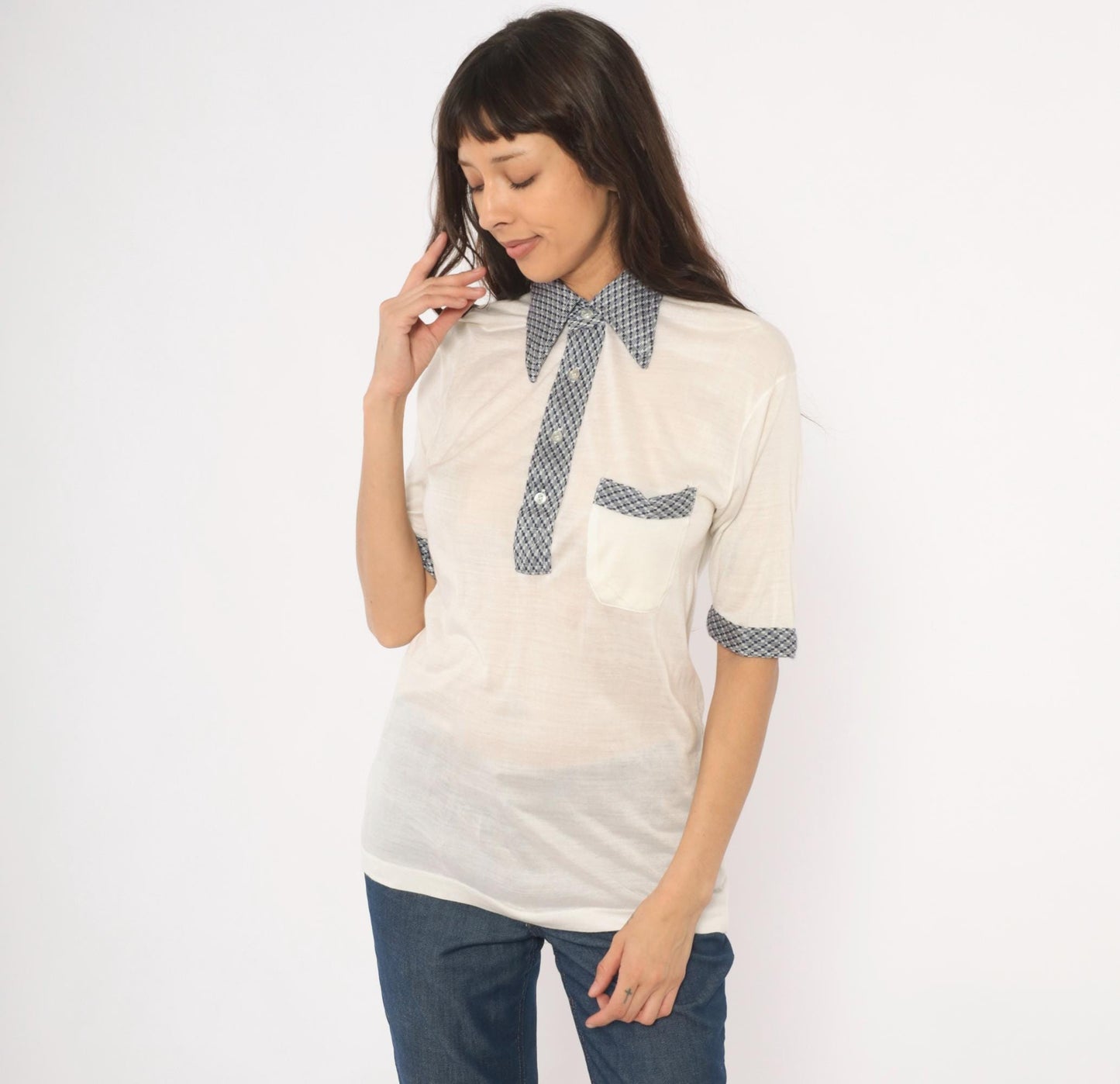 80s Drummond Houndstooth Polo Cream Navy Check Collar Knit Blouse Medium