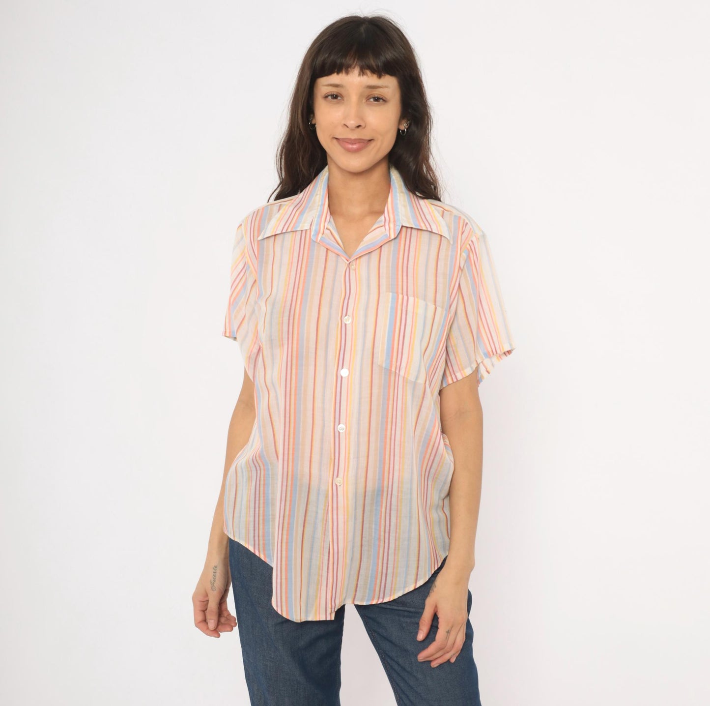 70s Brookdale Striped Camp Shirt Pastel Rainbow Cotton Notched Collar Medium