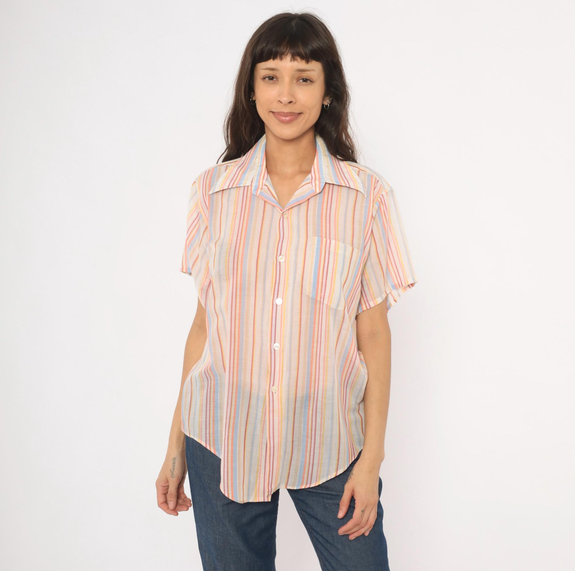 70s Brookdale Striped Camp Shirt Pastel Rainbow Cotton Notched Collar Medium