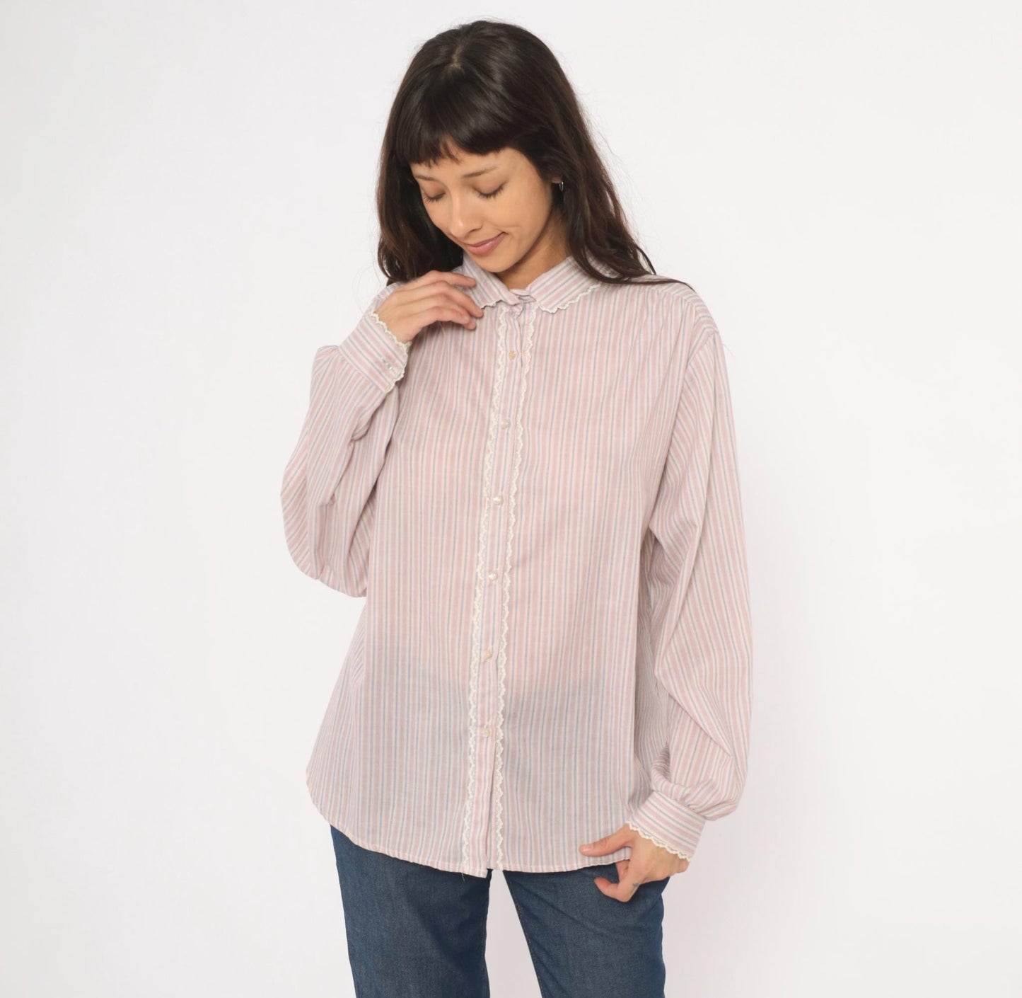 80s Laura Mae Striped Cotton Blouse Peter Pan Collar Lace Trim Extra Large XL