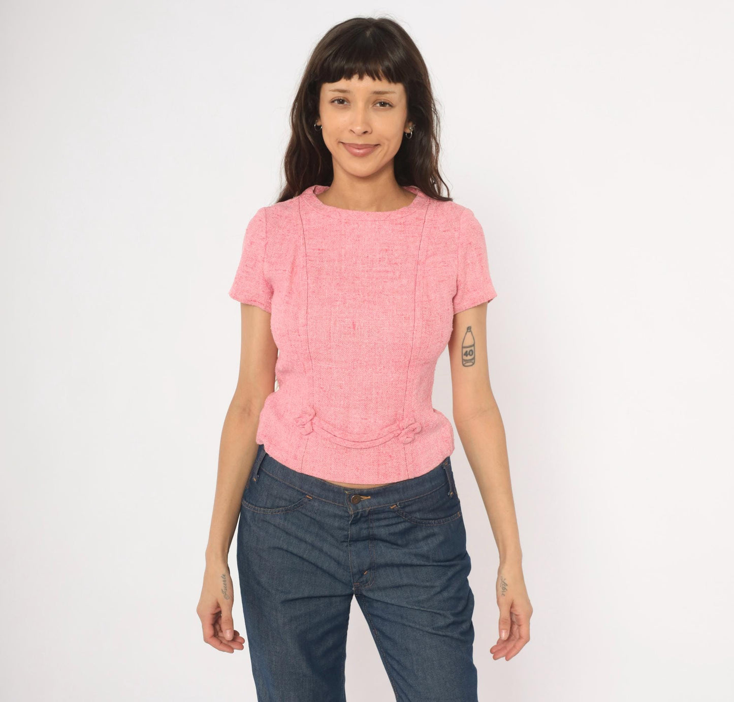 60s Pink Tweed Blouse Scoop Neck Bow Detail Fitted Waist Cotton Small