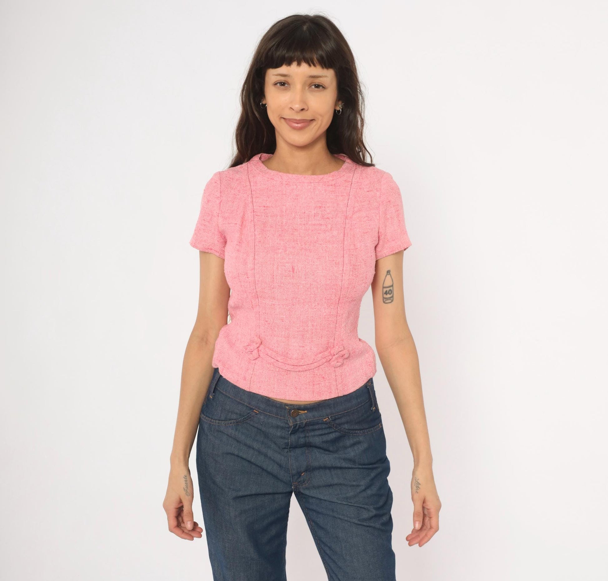 60s Pink Tweed Blouse Scoop Neck Bow Detail Fitted Waist Cotton Small