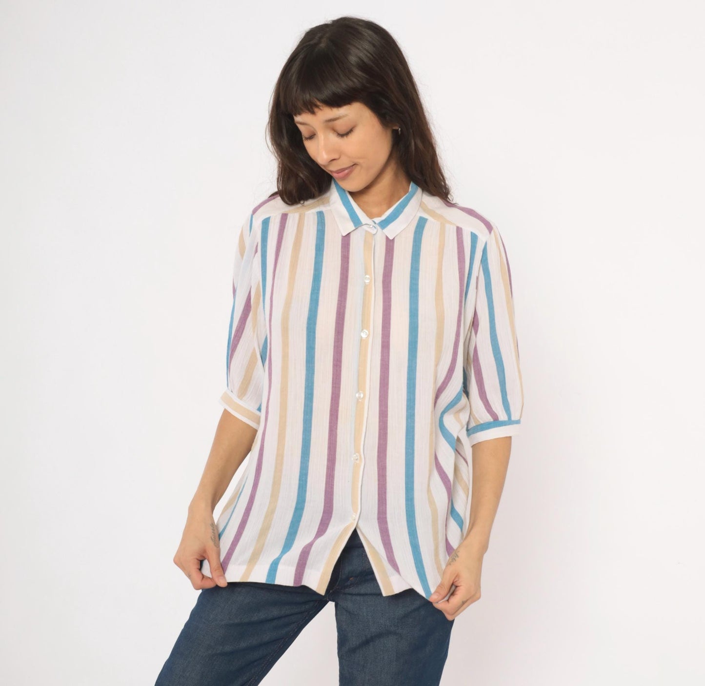 80s Koret Vertical Stripe Button Front Blouse Cream Purple Blue Tan Extra Large XL