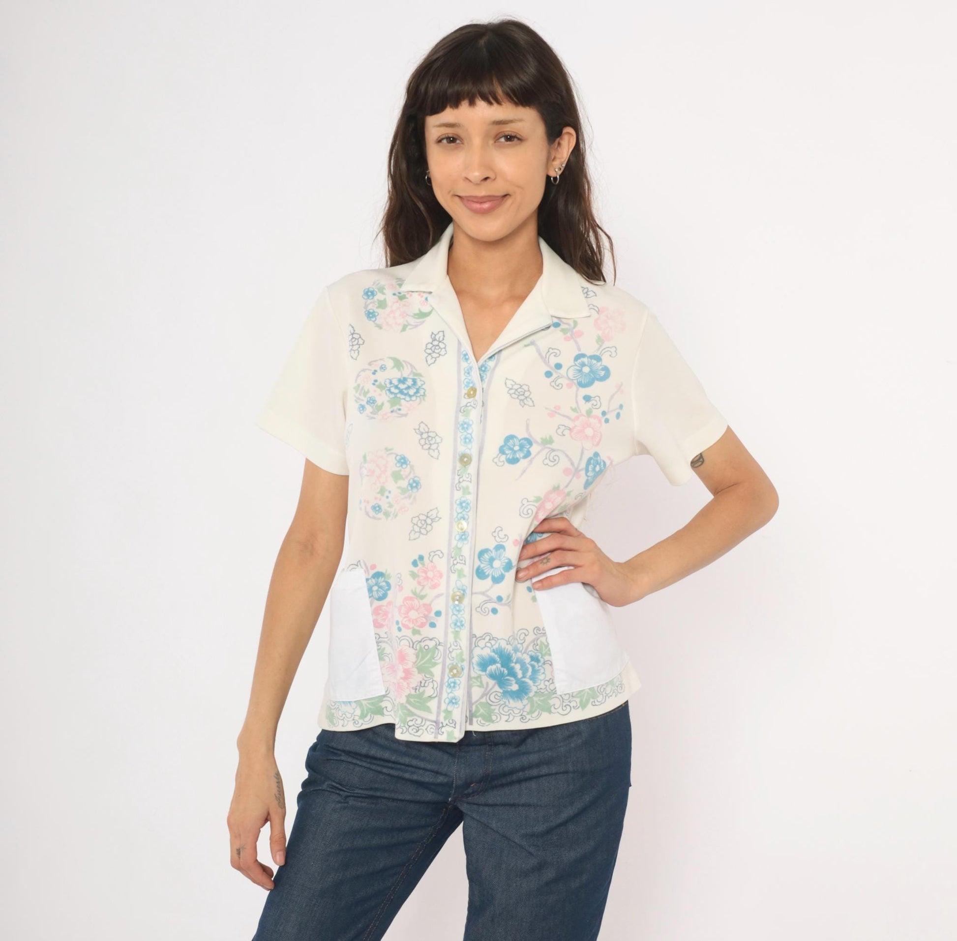 70s Cherry Blossom Peony Camp Collar Blouse Cream Floral Medium M