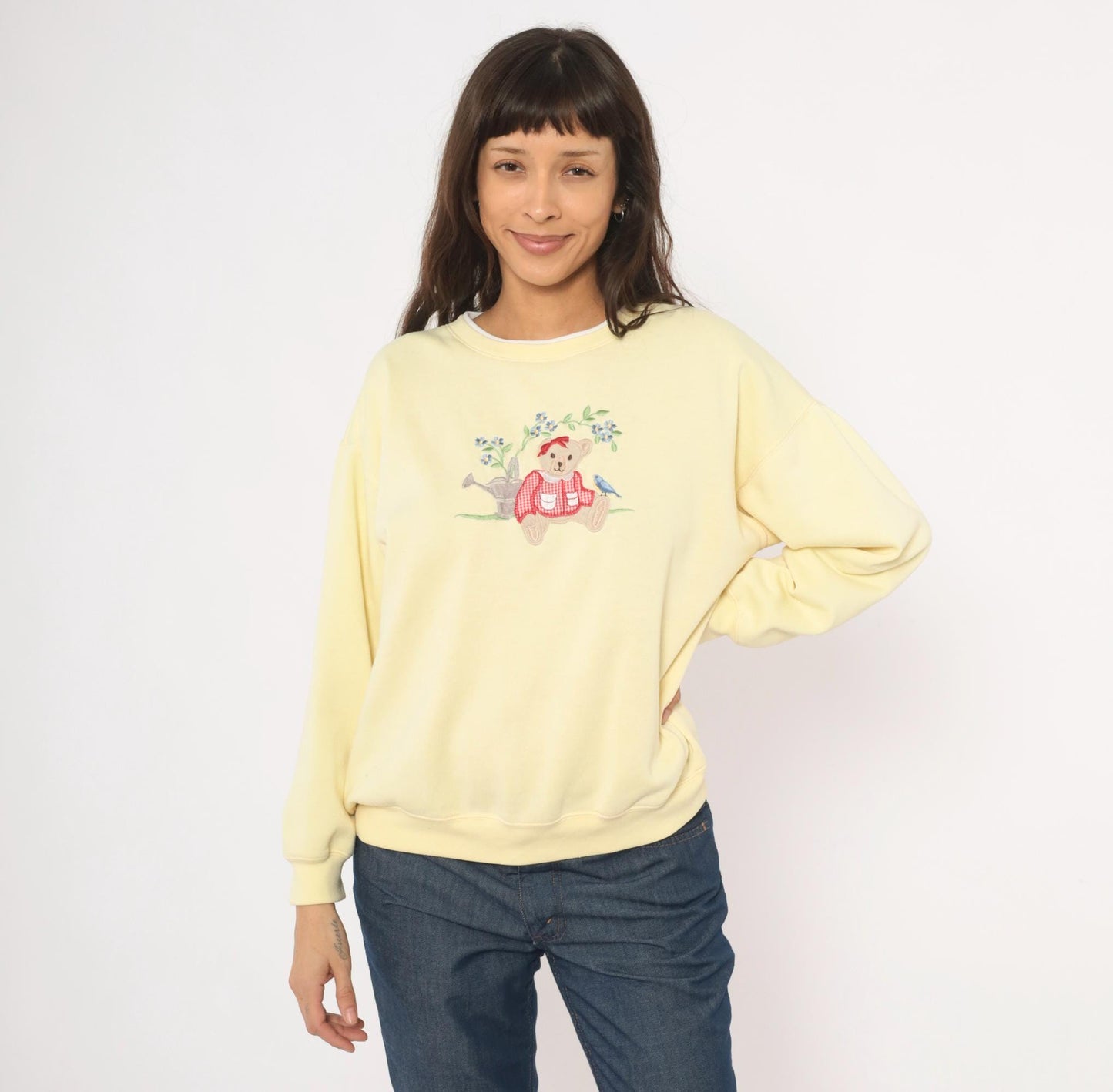 90s Classic Elements Teddy Bear Embroidered Sweatshirt Butter Yellow Crewneck Large L