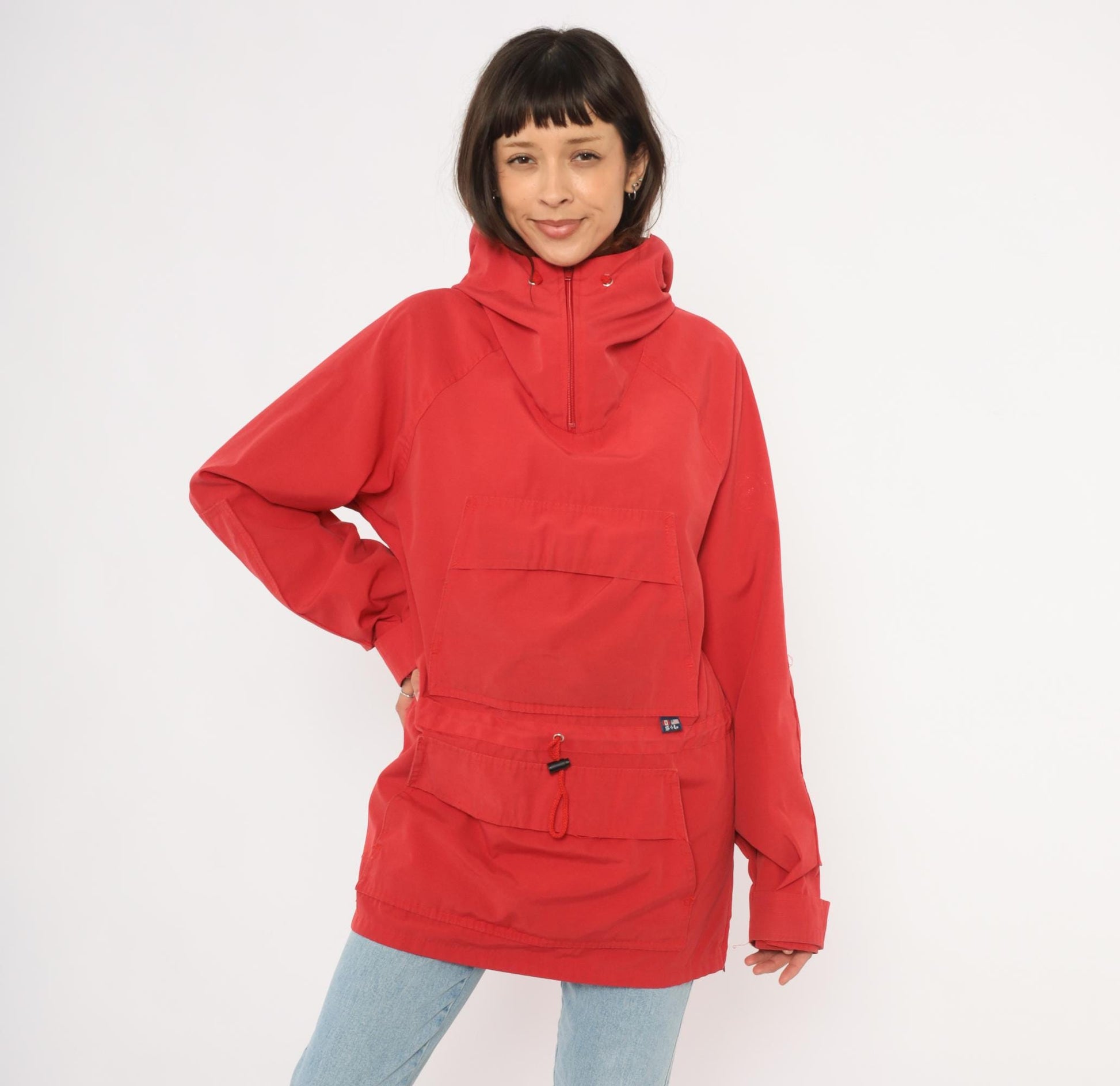 80s Red Anorak Pullover Half-Zip Windbreaker Kangaroo Pocket Jacket Extra Large