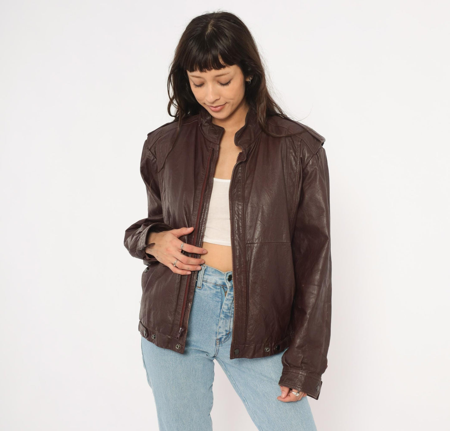 80s Leather Den Burgundy Bomber Jacket Zip Front Moto Coat Medium M