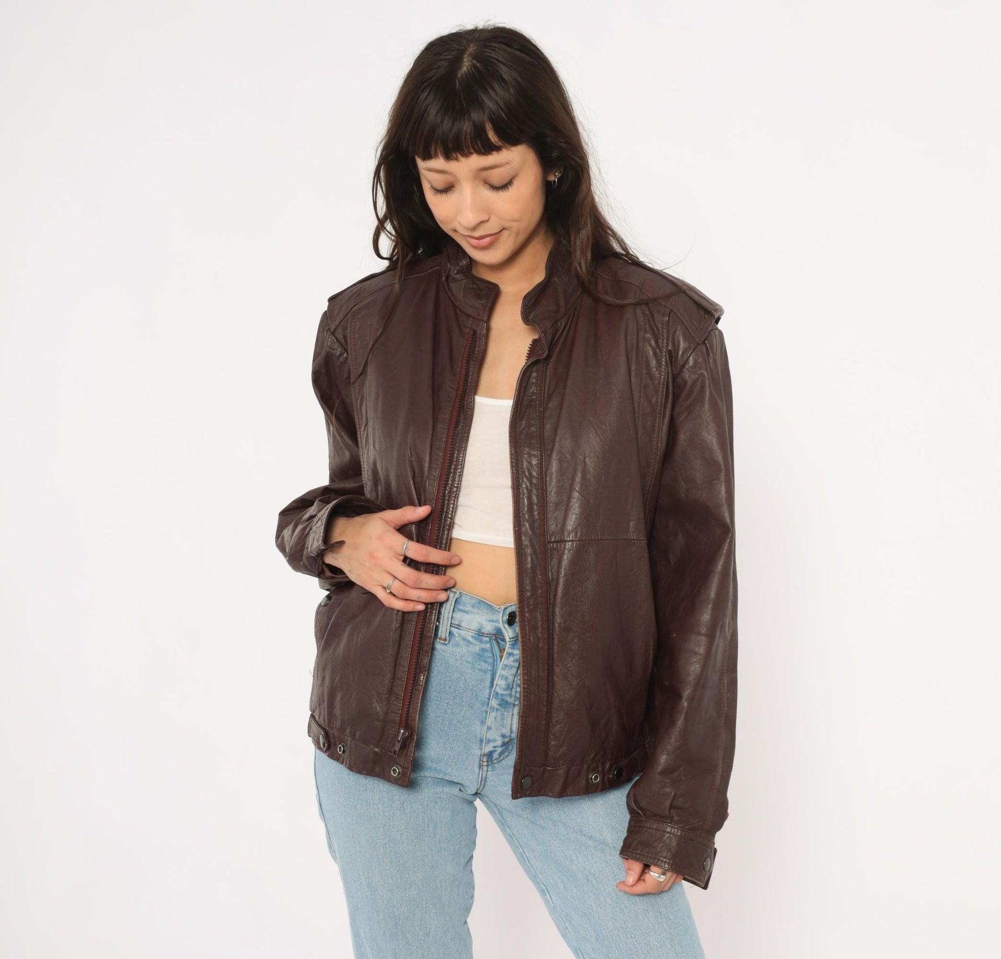80s Leather Den Burgundy Bomber Jacket Zip Front Moto Coat Medium M