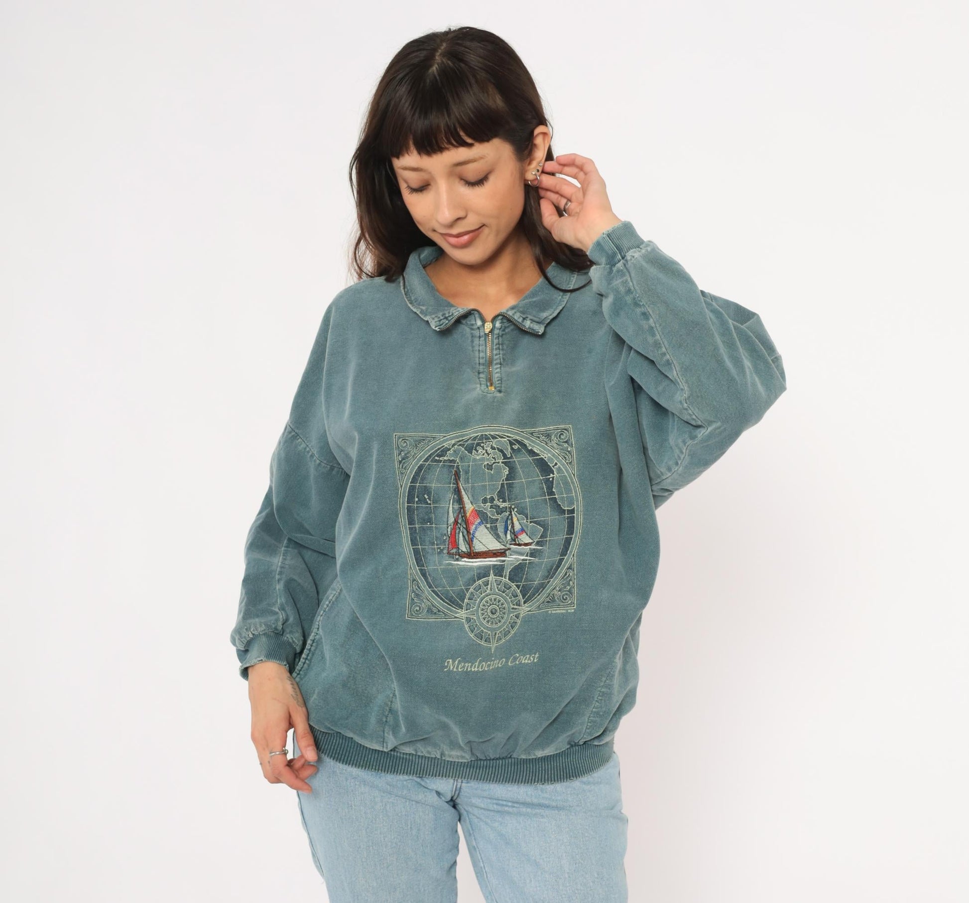 90s Sansegal Sportswear Mendocino Coast Sailboat Quarter-Zip Sweatshirt Grey Blue Medium