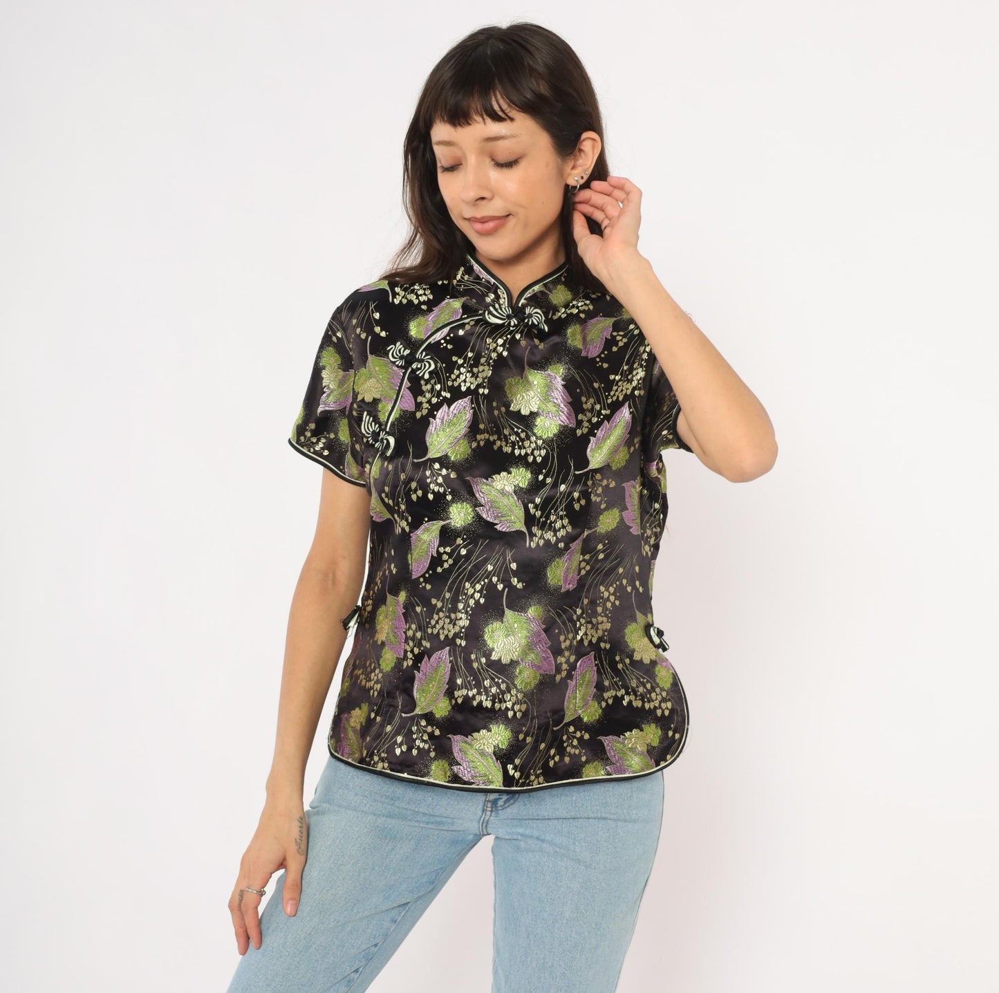 90s Mimi Cheongsam Top Black Brocade Floral Mandarin Collar Plus Size XXL