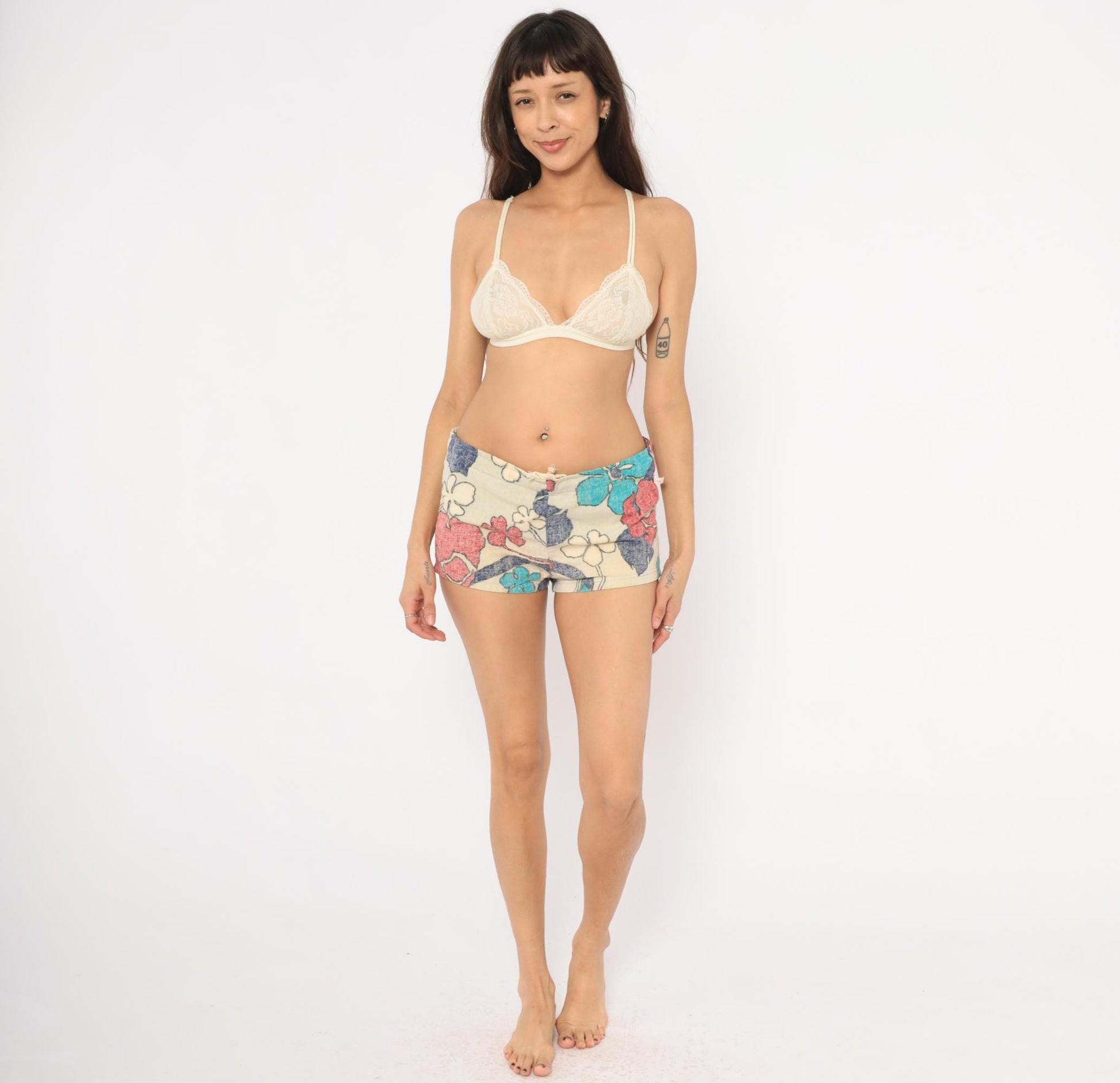 80s Jantzen Floral Drawstring Shorts Cotton Low Rise Mini Coral Turquoise Small