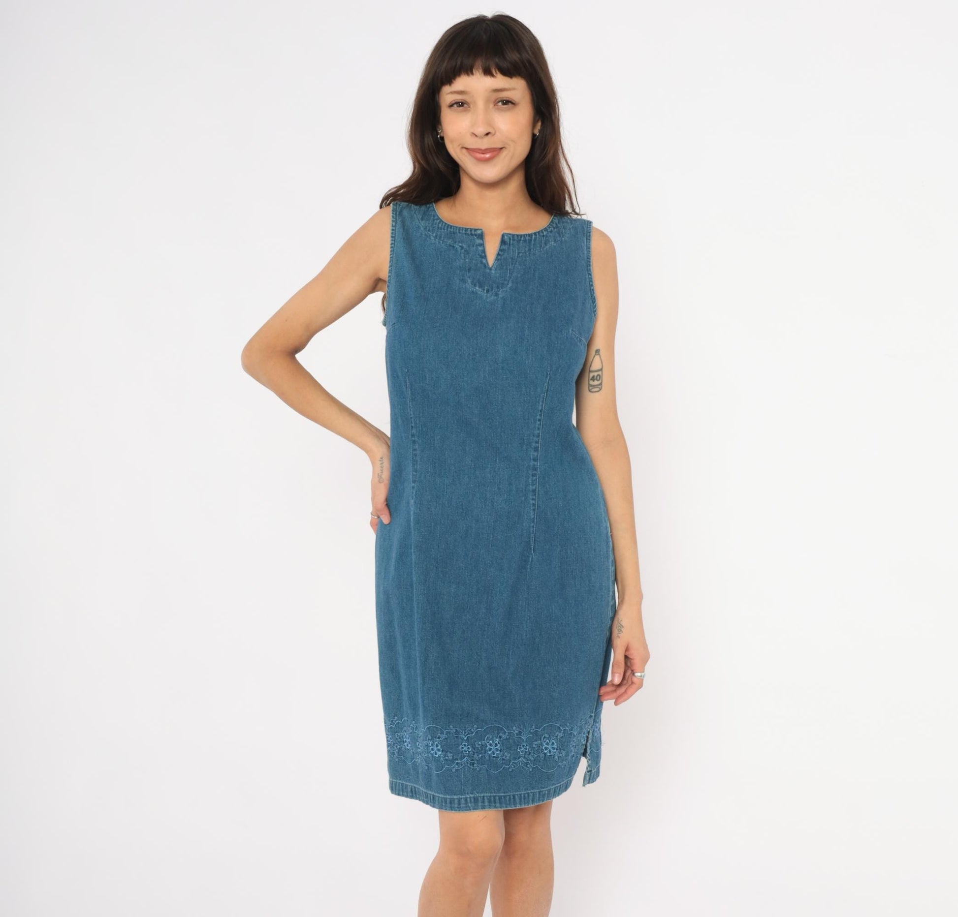 90s Cherokee Denim Shift Dress Embroidered Floral Hem Notch Neck Blue Small S