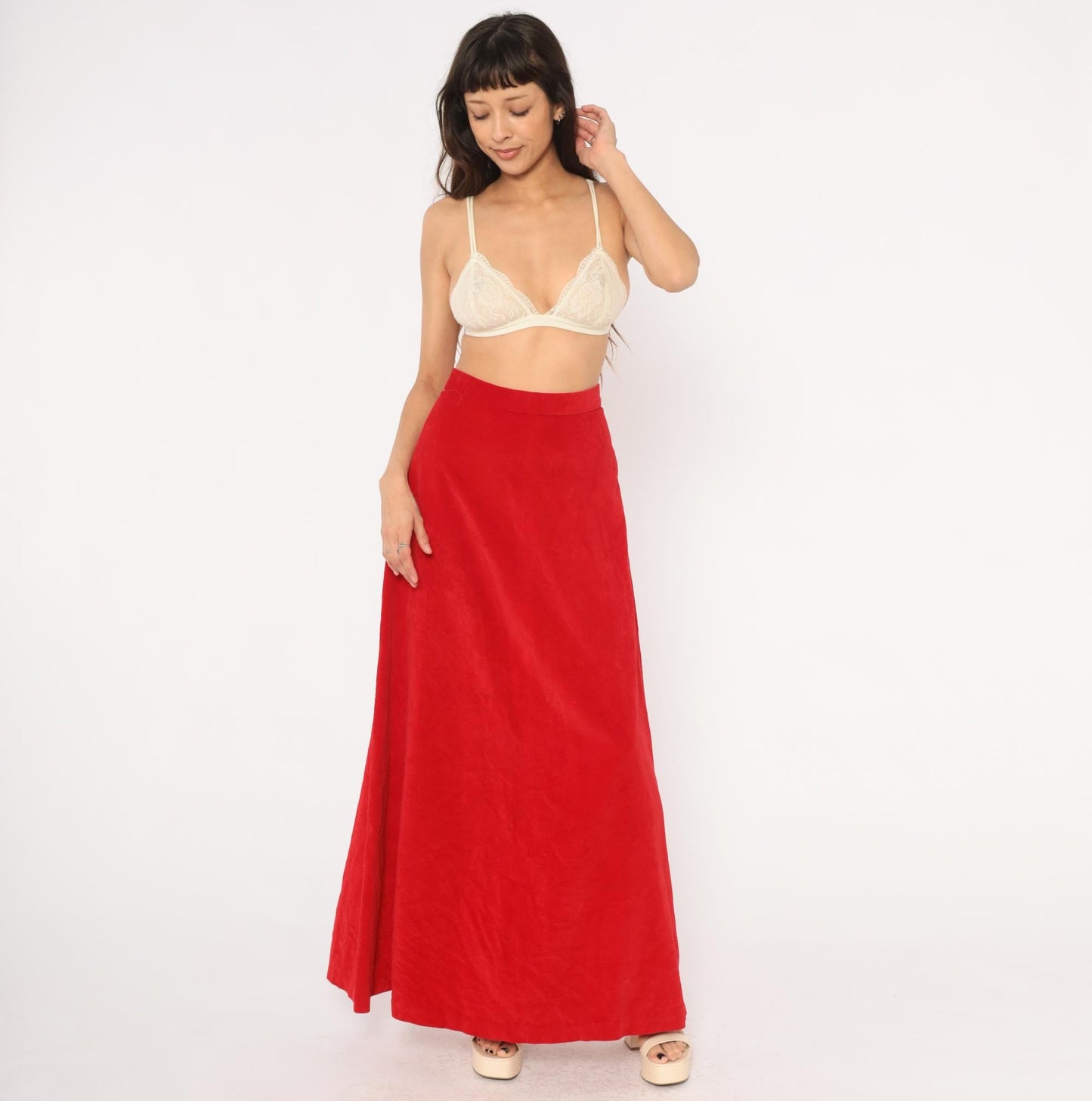 70s Red Velvet Maxi Skirt High Waist A-Line Floor Length Small