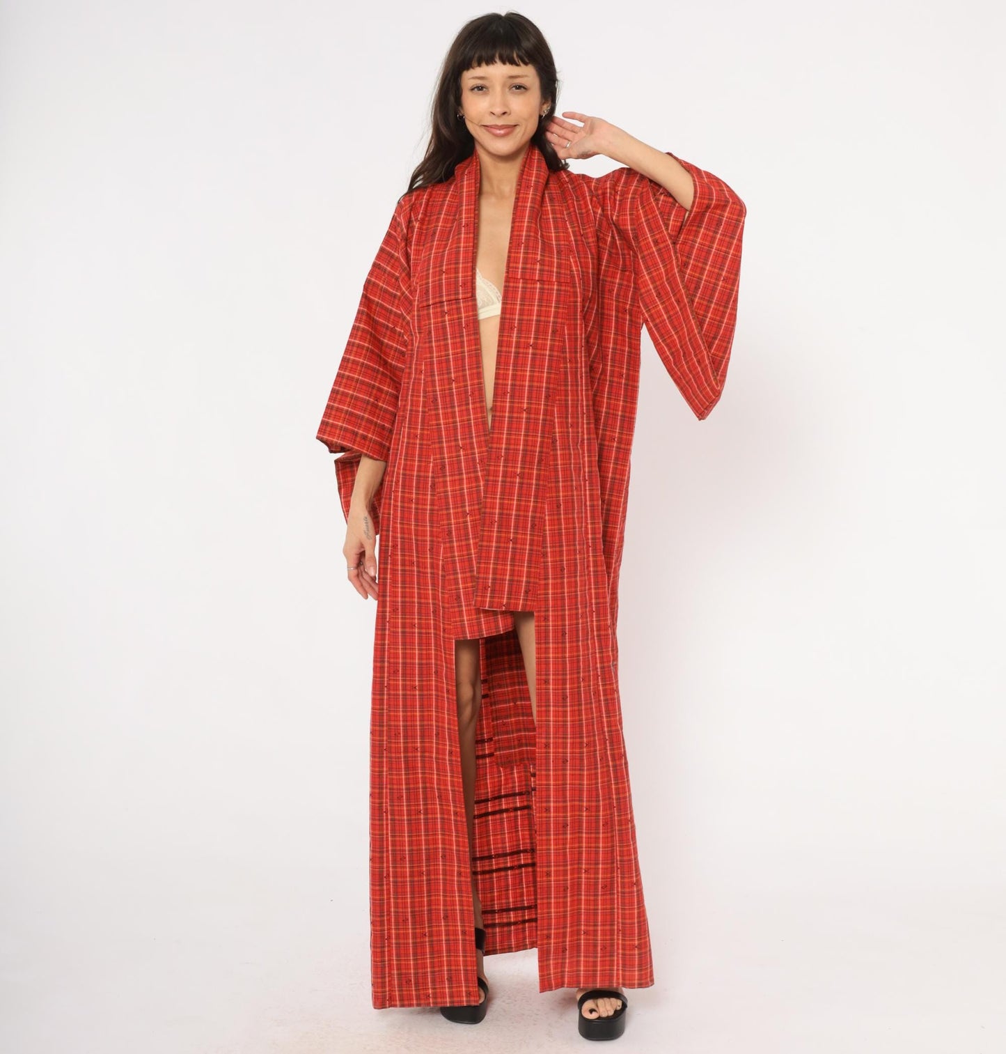 70s Red Plaid Wool Kimono Robe Floor Length Open Front Tartan Duster