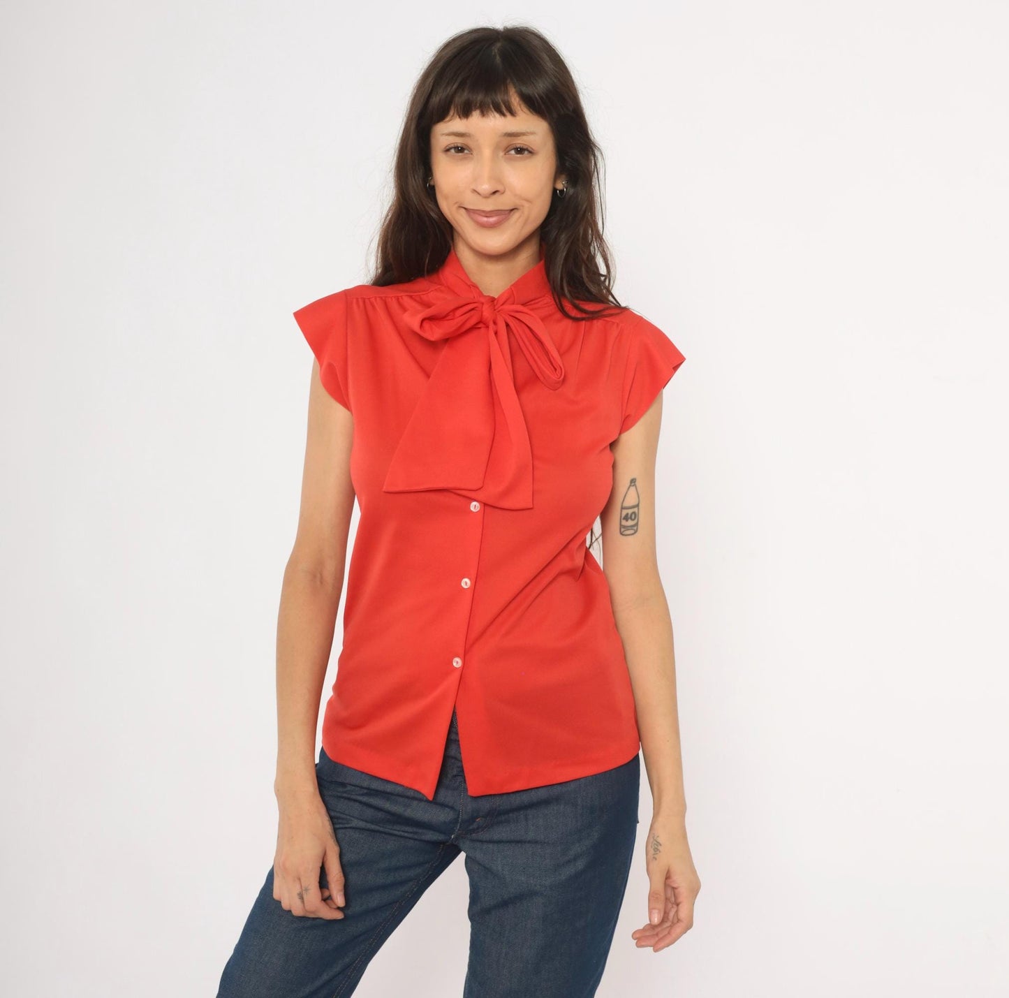 70s Red Bow Neck Blouse Cap Sleeve Button Front Polyester Small S