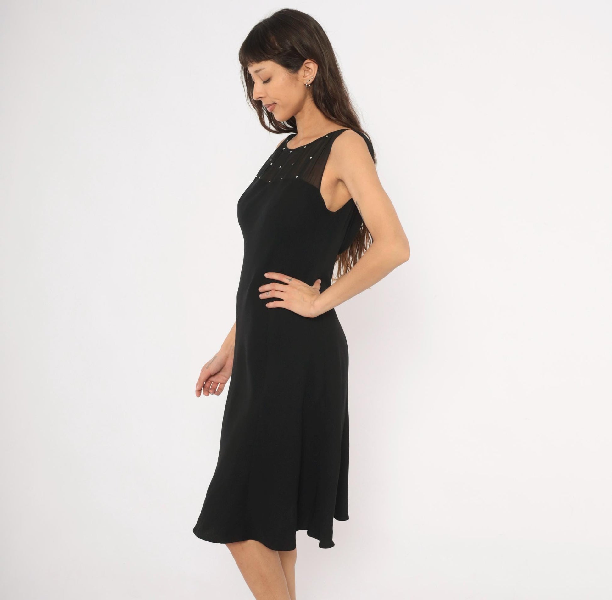 90s Evan-Picone Black Rhinestone Mesh Yoke Knee-Length Dress Medium M